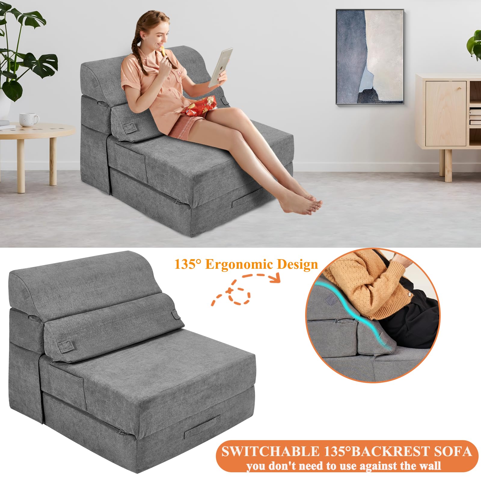 Cómodo sofá cama plegable – Sofá cama convertible gris plegable para sala de estar, dormitorio, invitados, silla plegable de suelo, colchón tumbona con respaldo para viajes, camping 3