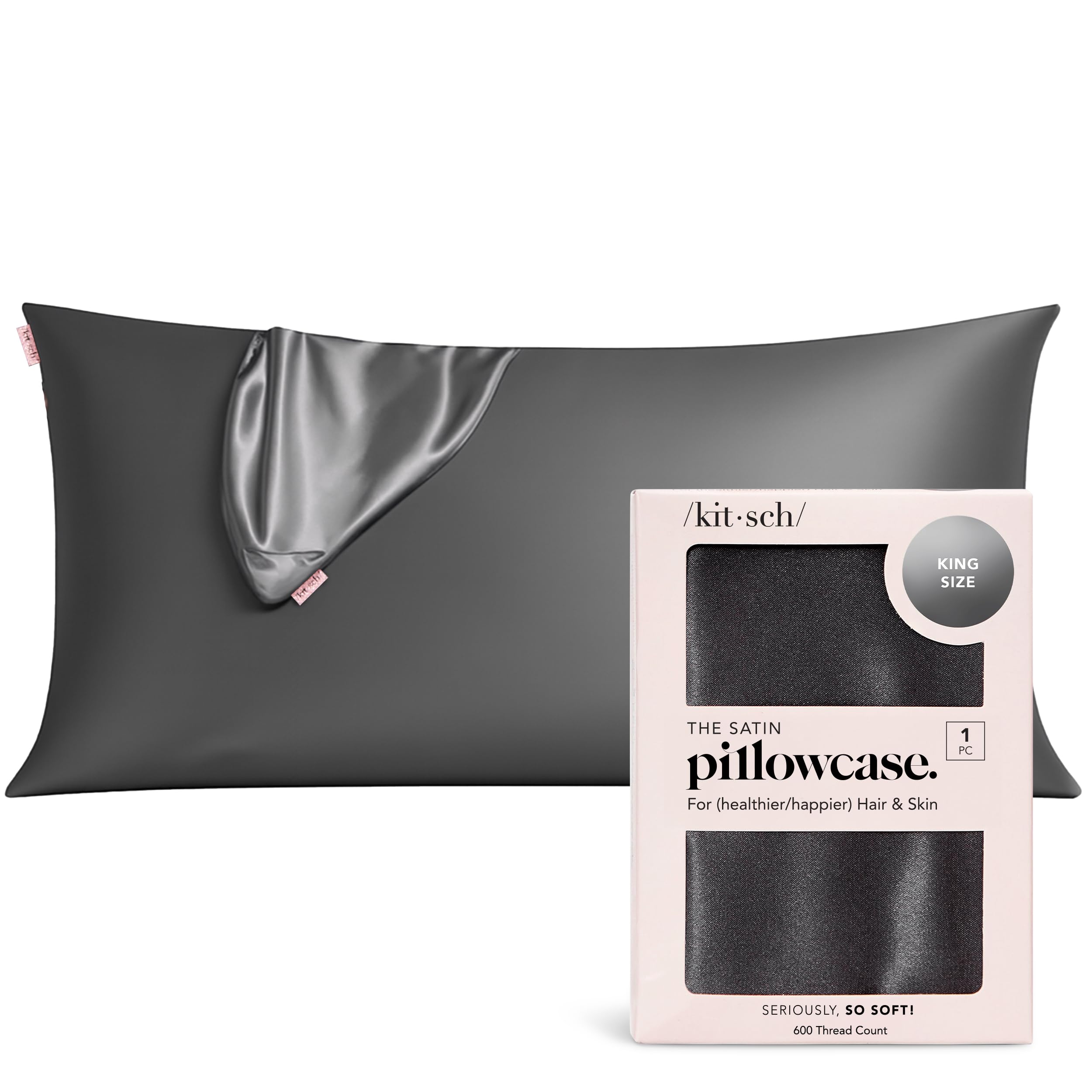 Kitsch Satin Pillowcase with Zipper for Hair & Skin - Softer Than Silk Pillow Cases, Smooth Cooling Satin Pillow Case, Wrinkle-Free, Machine Washable - Pillow Cases Standard Size (19x26) - Blush: King (1 Pack) Charcoal