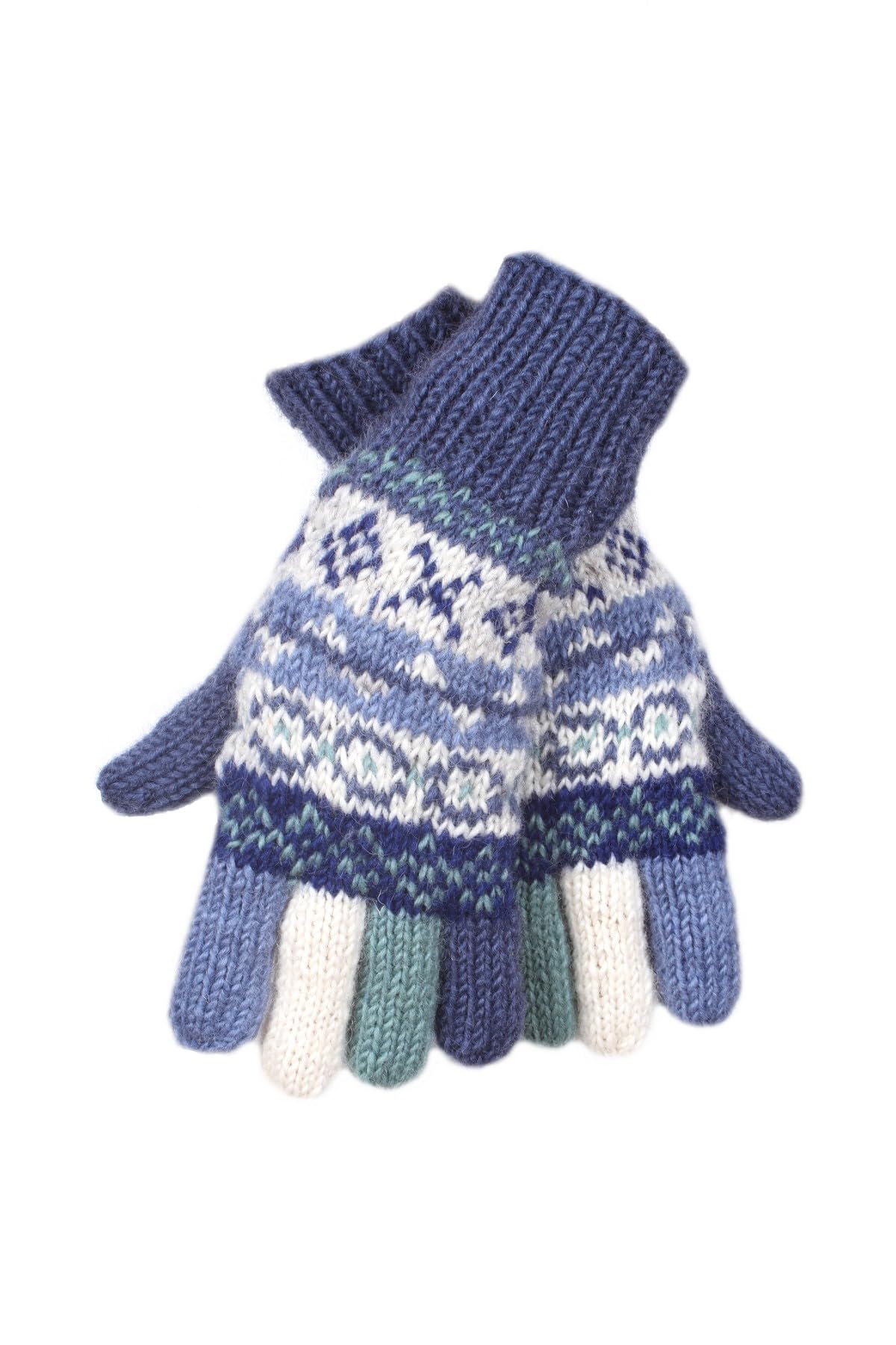 Pachamama Women's Denim Wool Gloves Handknitted Fairisle Multicoloured One-Size Handmade Extra Warm Fair Trade (Wool, )