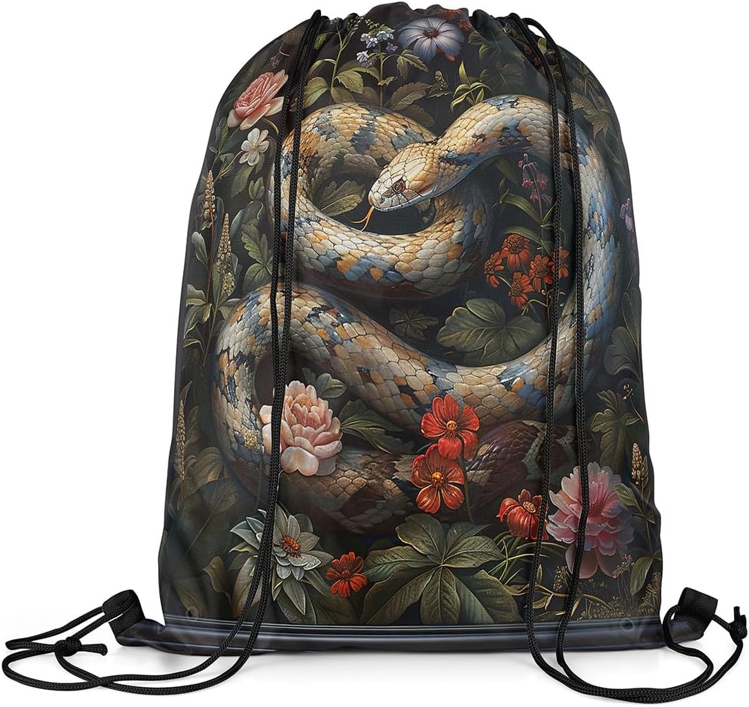 Manfei Snake Drawstring Backpack 3D Reptile Animals Sackpack for Beach Swimming Pool Rose Floral Wild Animal Draw String Bags Waterproof Sports Gym image 3