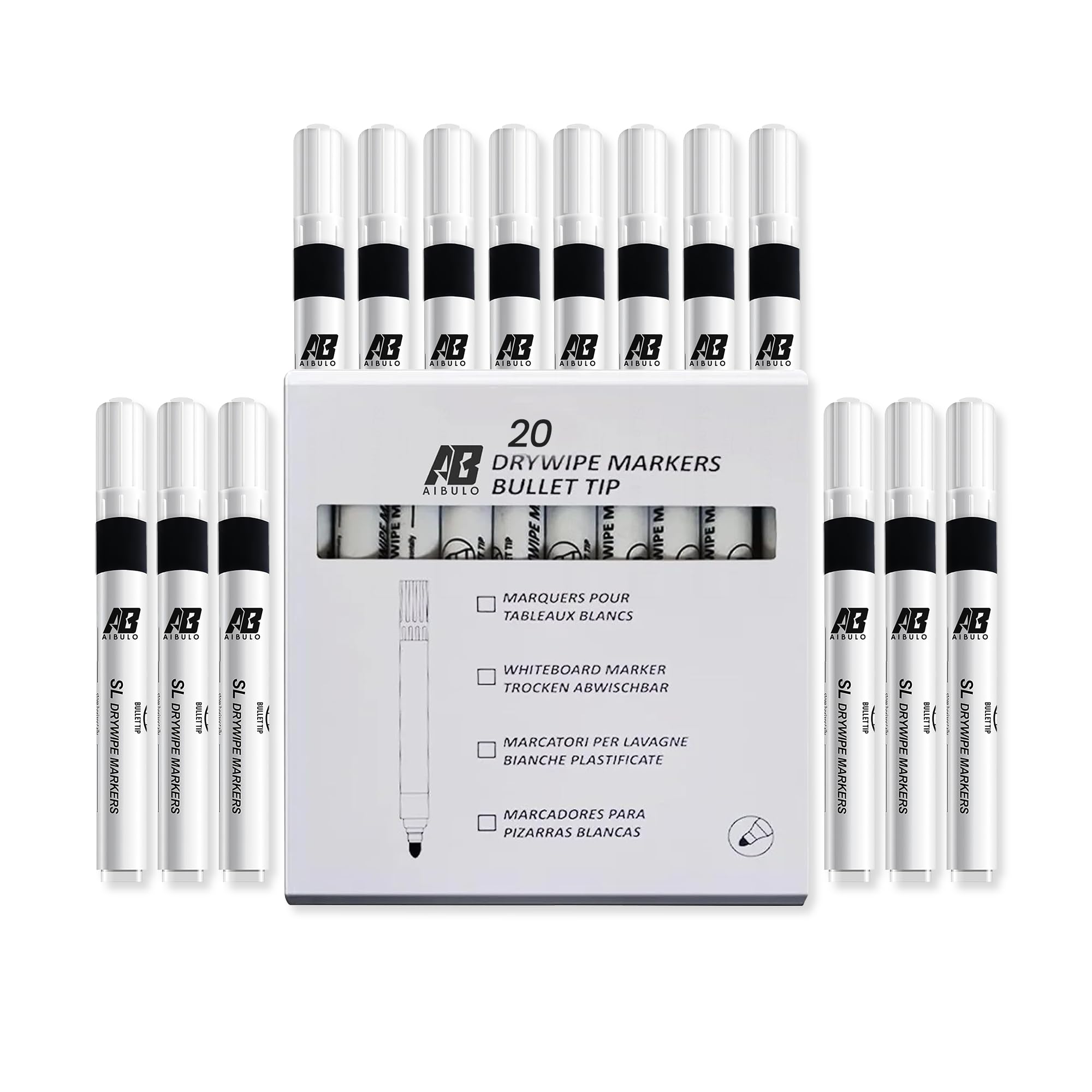 AIBULO Black Whiteboard Pens – Pack of 20 | Quick-Dry, Non-Toxic Erasable Ink for School, Office & Home | Reusable Fine Tip Markers for Whiteboards, Glass & Non-Porous Surfaces