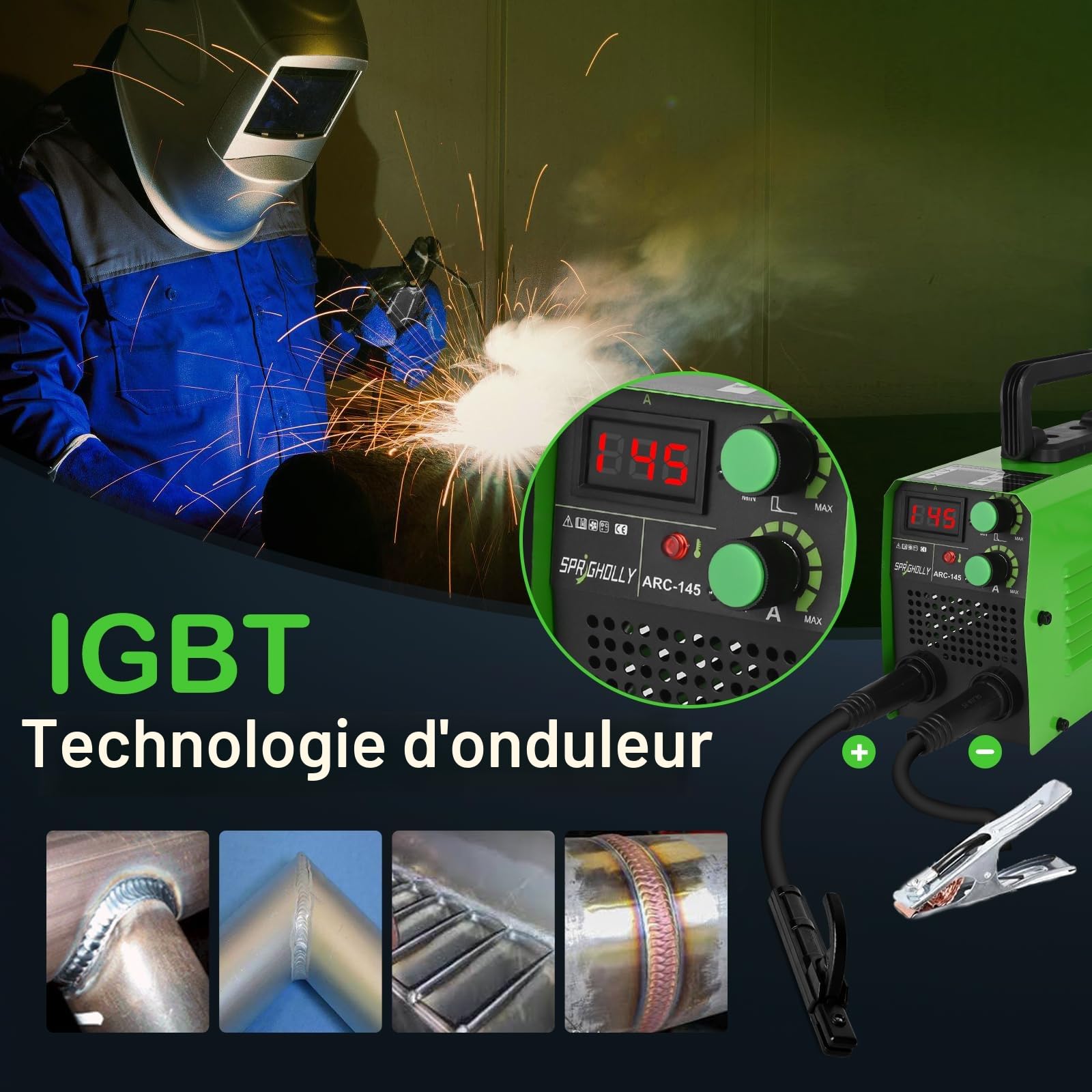 Mini Poste a Souder Inverter 145A IGBT, Poste à Souder ARC Lift TIG, Pince de Terre de Haute Qualité et Affichage LED, Hot-Start & Anti-Stick, Modèle ARC145
