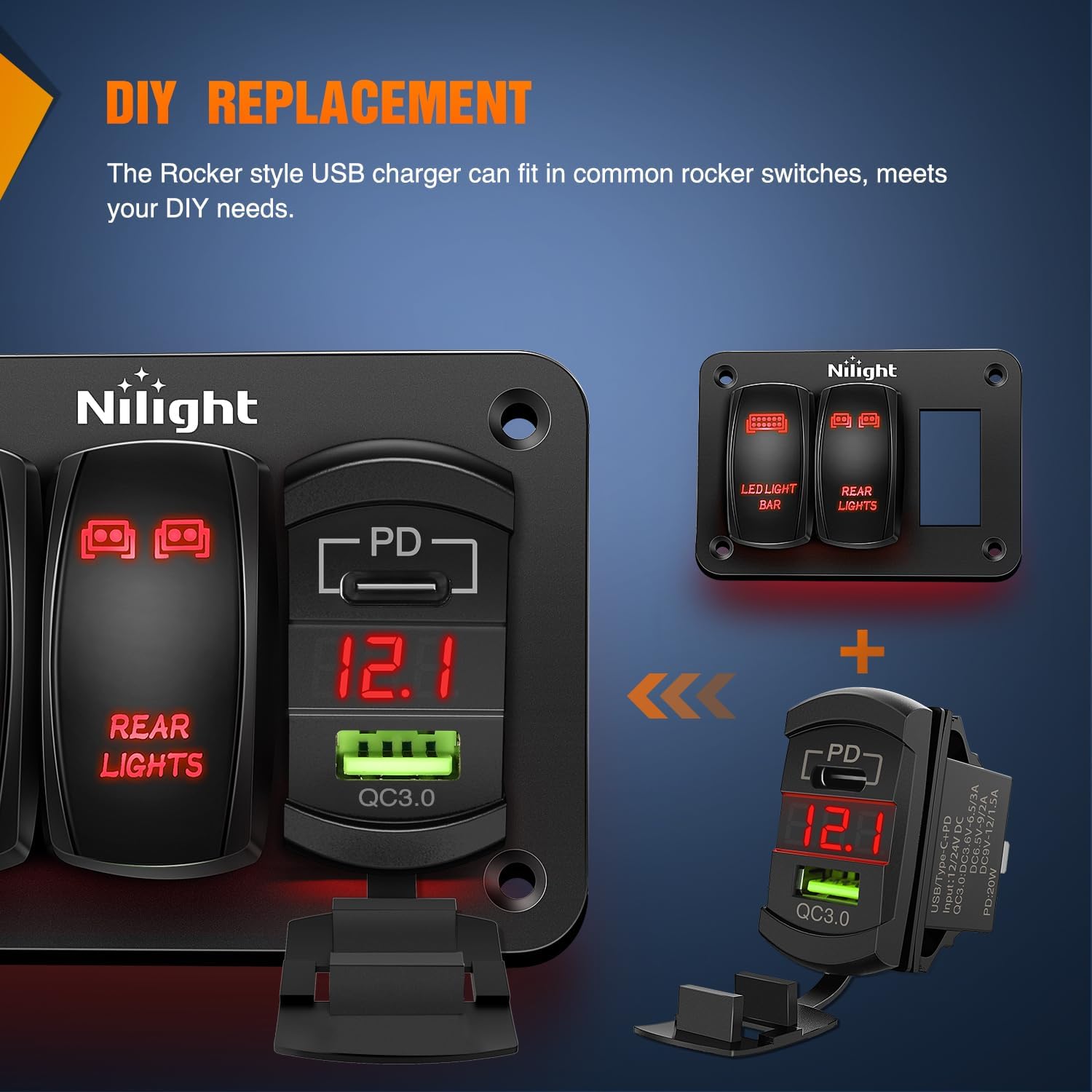 Nilight Rocker Switch Style USB Outlet LED Voltmeter Quick connector 12V PD Type C and USB QC 3.0 Cars Replacement with Inline Fuse for Switches Panel on Boats RV Truck Car