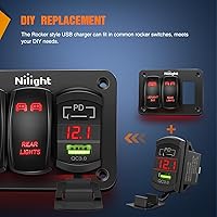 Vista 4 de Nilight Interruptor de palanca con salida USB, voltímetro LED, conector rápido 12V PD tipo C y USB QC 3.0 para automóviles, reemplazo con fusible