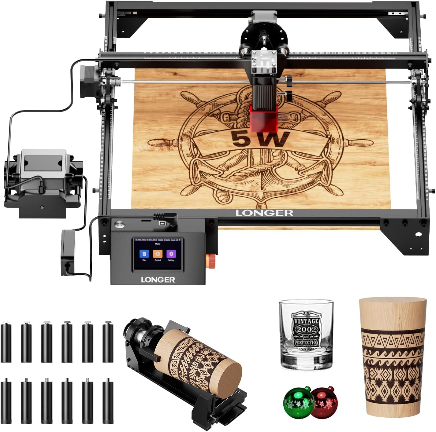 Longer RAY5 5000mW Laser Engraver with Air Assist Kit, 3-in-1 Chuck jaw kit, and 12 Pcs Raiser, CNC, App Offline Control, DIY Engraving Tool for Metal/Glass/Wood, Class IV