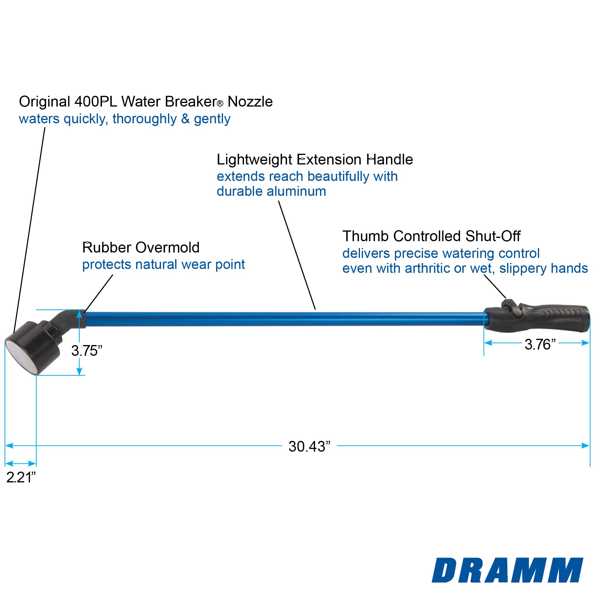 DRAMM 14805 Lance d'arrosage avec Valve One Touch, 76 cm, Bleu