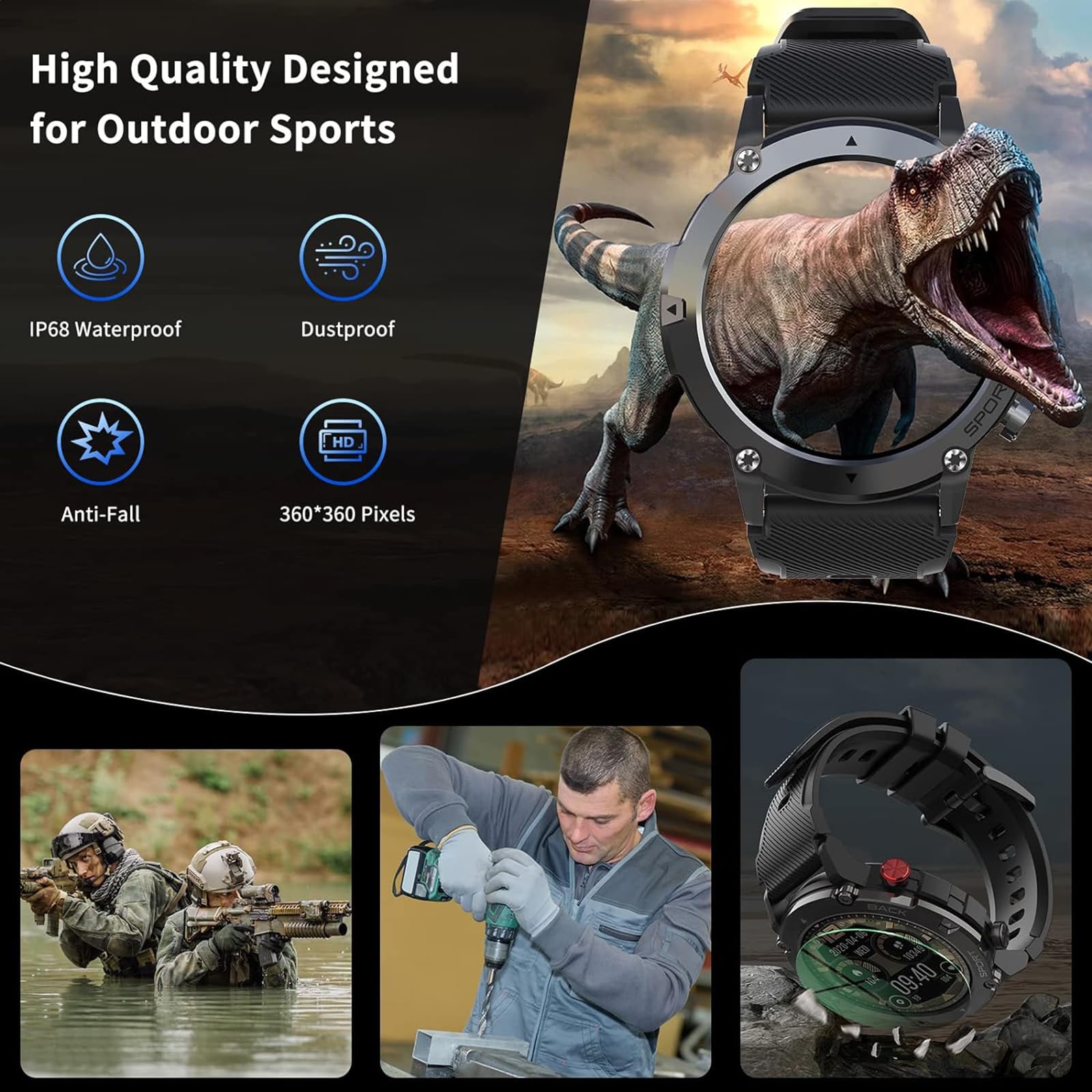 Reloj Inteligente, Relojes Inteligentes Militares Impermeables para Hombres con Llamada Bluetooth, Reloj De Seguimiento De Actividad Física Táctico Al Aire Libre De 1,32 Pulgadas,F