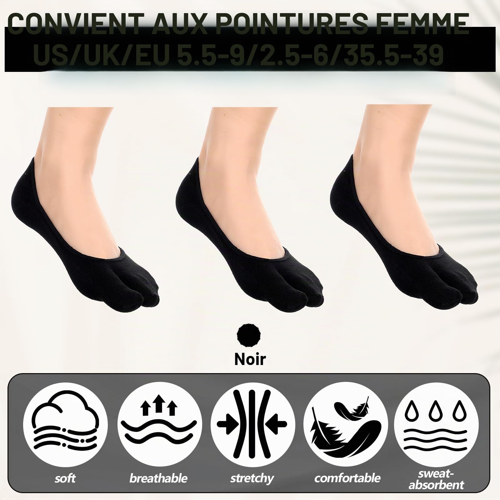 Piriuuo Tabi Lot de 3 paires de chaussettes pour femme en coton à bout fendu - Antidérapantes