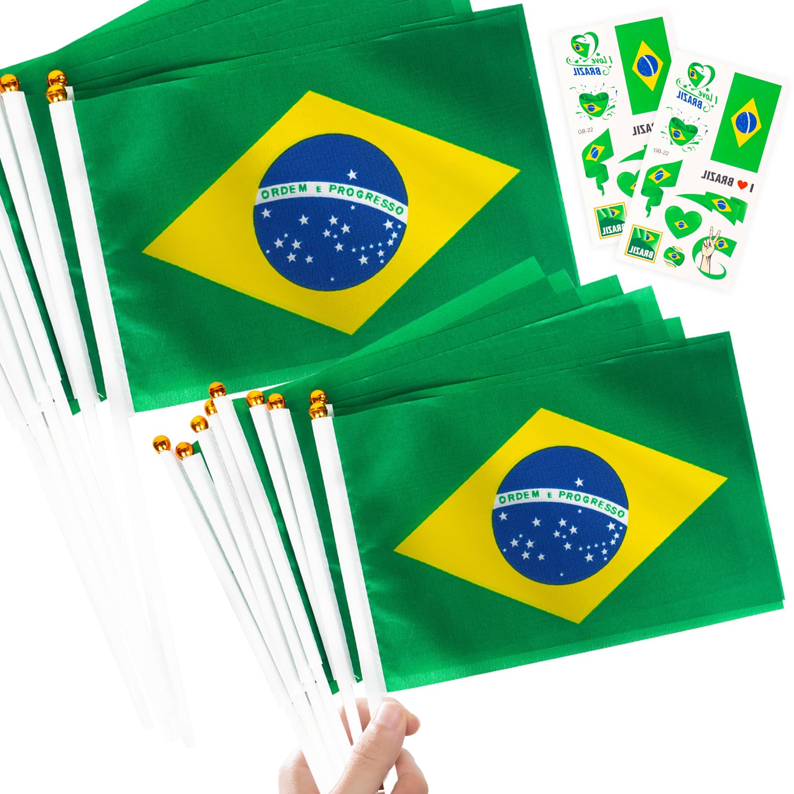 10pcs Mini Brazil Flags on Sticks & 2pcs Tattoos, Small Brazilian Flag Brazil Decorations Hand Held Flags for World Cup 2026 Football Sports Events Party Decoration, Double-Sided Brazilian Flag