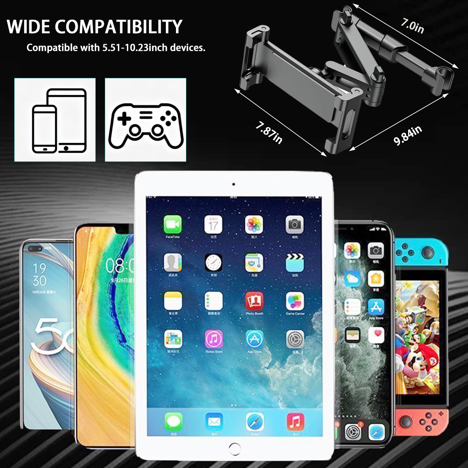 Support d'appui-tête de tablette de voiture réglable et extensible pour siège arrière, support de bras long universel pour les voyages des enfants, compatible avec iPad Pro/Air/Mini, tablettes Samsung