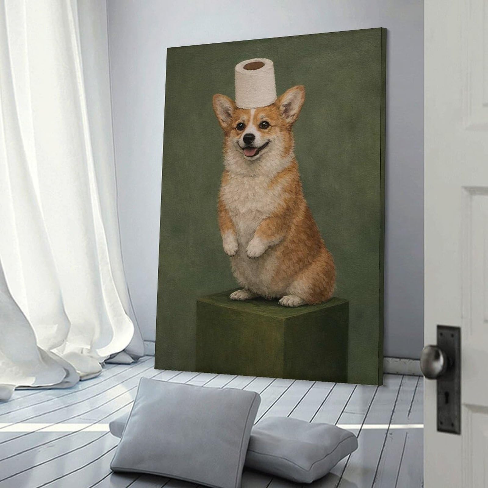 Junmoney Corgi Wearing Toilet Paper Hat Canvas Art Print 08x12inch(20x30cm), for Calm Bedrooms, Home Corners Or Flats, An Easy Wall Refresh for Bedrooms