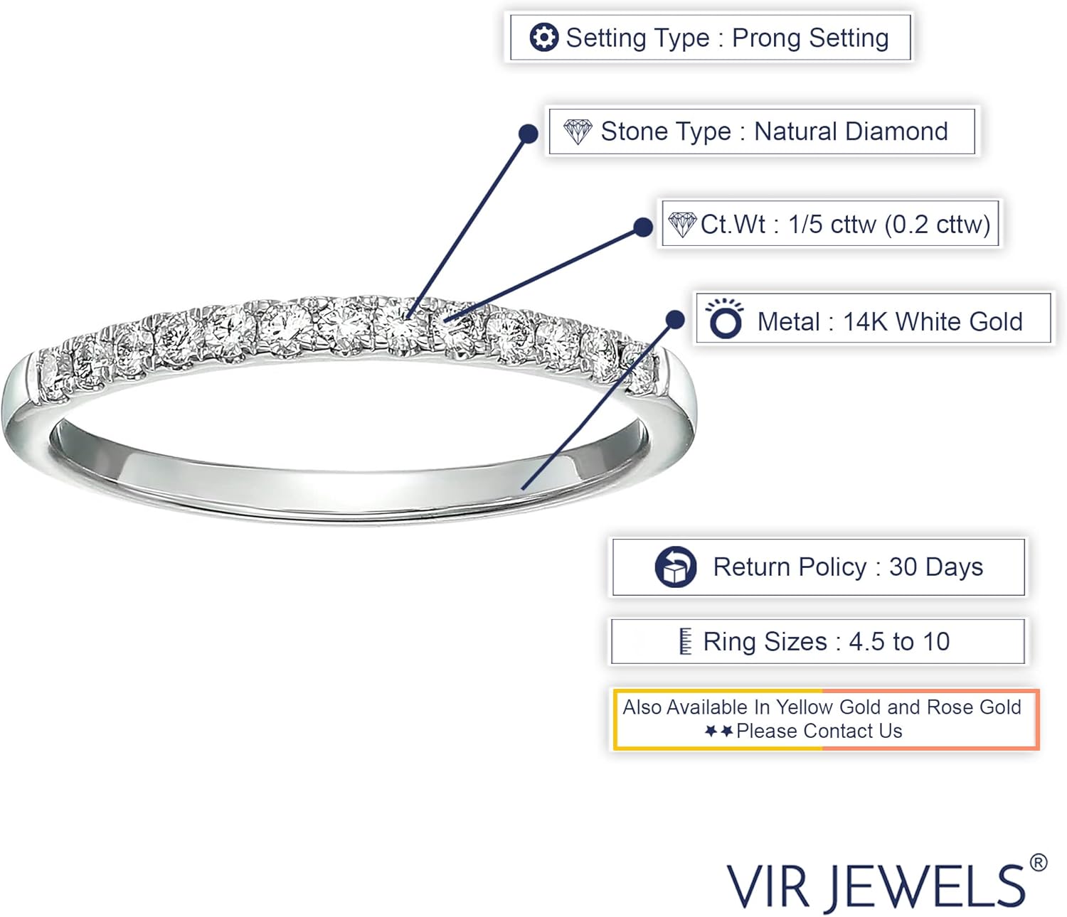 VIR JEWELS 1/5 carat (ctw) Diamond Wedding Anniversary Band for Women, Half Eternity Round Diamond Engagement Ring 14K White Gold Prong Pave Set 0.20 cttw, Size 4-10