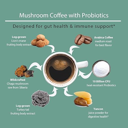 Miniatura 2 de ECO-TASTE Mezcla de café de hongos, diseñada para la salud intestinal con chaga, melena de león, cola de pavo, yacón y probióticos - 12 sobres