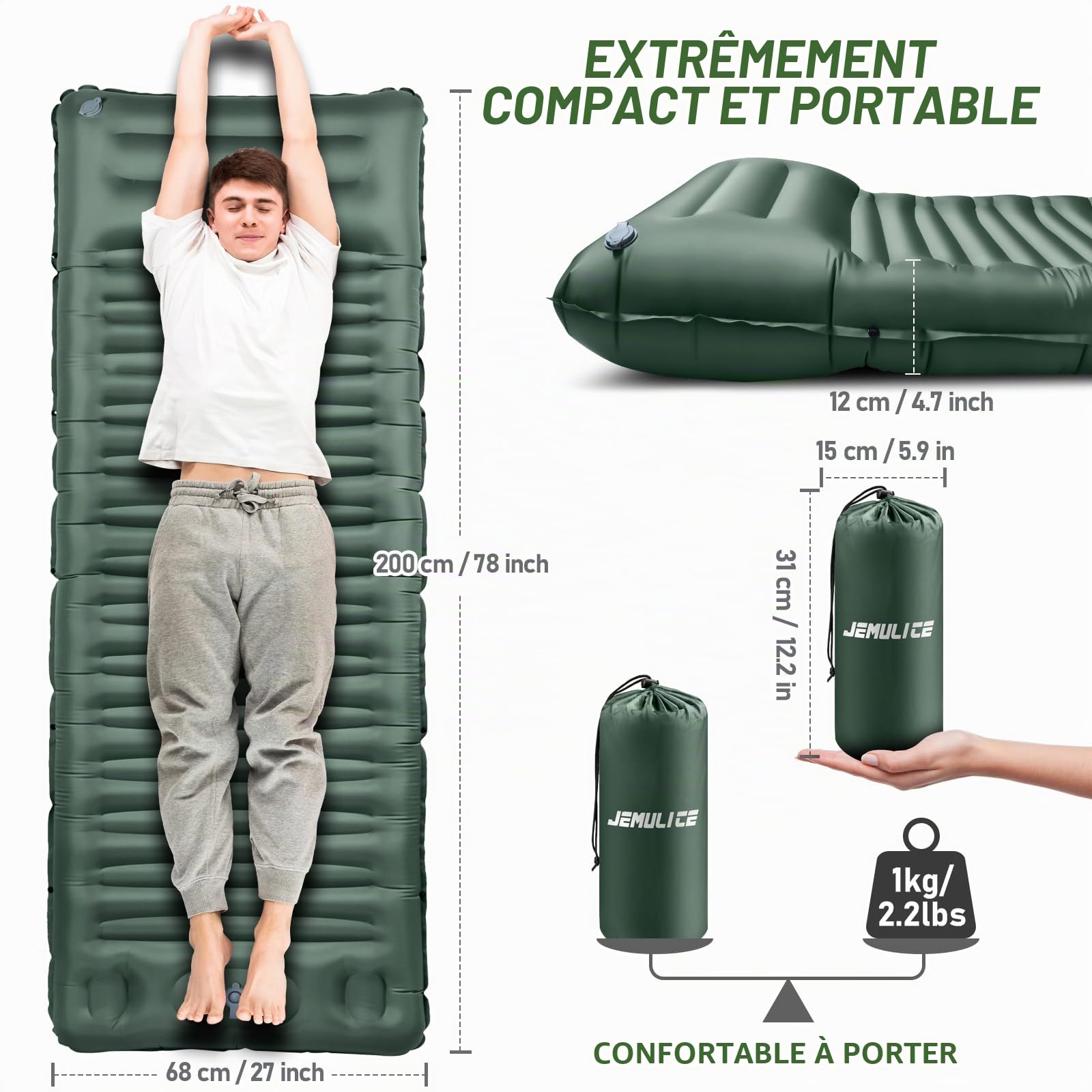 Matelas de Camping avec Pompe à Pied, Épaisseur Améliorée 12CM Tapis de Couchage Autogonflant, Matelas Randonnée avec Oreiller, Matelas Gonflable Ultraléger pour Camping,Tente,Randonnée