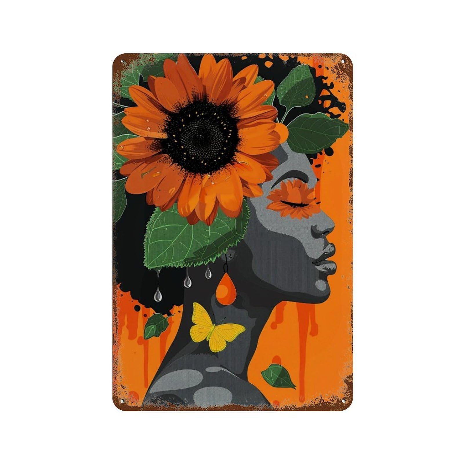 YHGERTKU Orange Sunflower Woman Butterfly 03 Wall Art Retro Iron Vintage Metal Tin Sign Poster Modern Decor for Living Rooms Gift 30x20cm