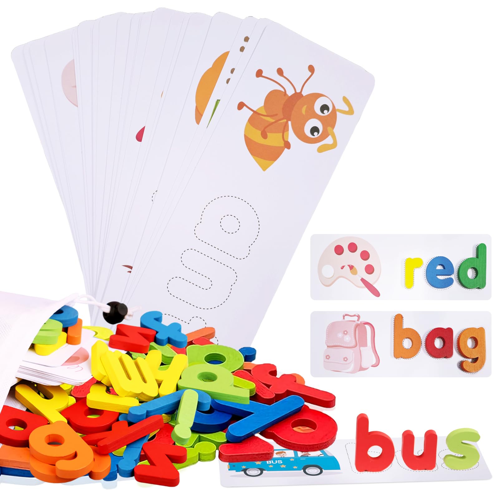Voice and Spelling Games, Educational Toys for 3-Year-Olds, Including a Letter Game with 28 Double-Sided Word Pattern Cognitive Cards and 52 Wooden Alphabet Blocks