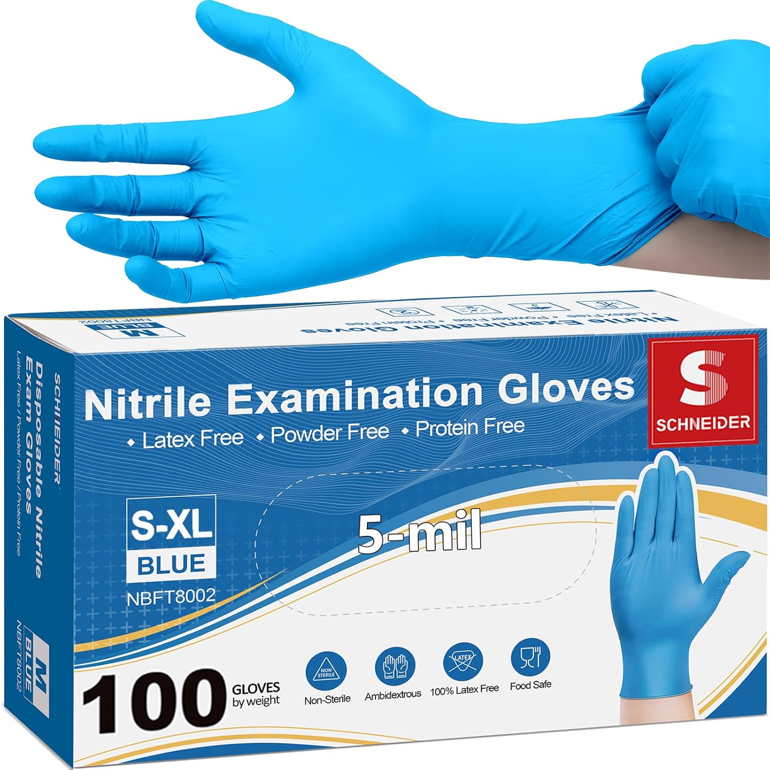 Schneider Nitrile Exam Gloves, 5 Mil, Blue, Latex-Free & Powder-Free Disposable Gloves, Textured Grip, for Medical Exam, Food Handling, Cleaning & Industrial Use