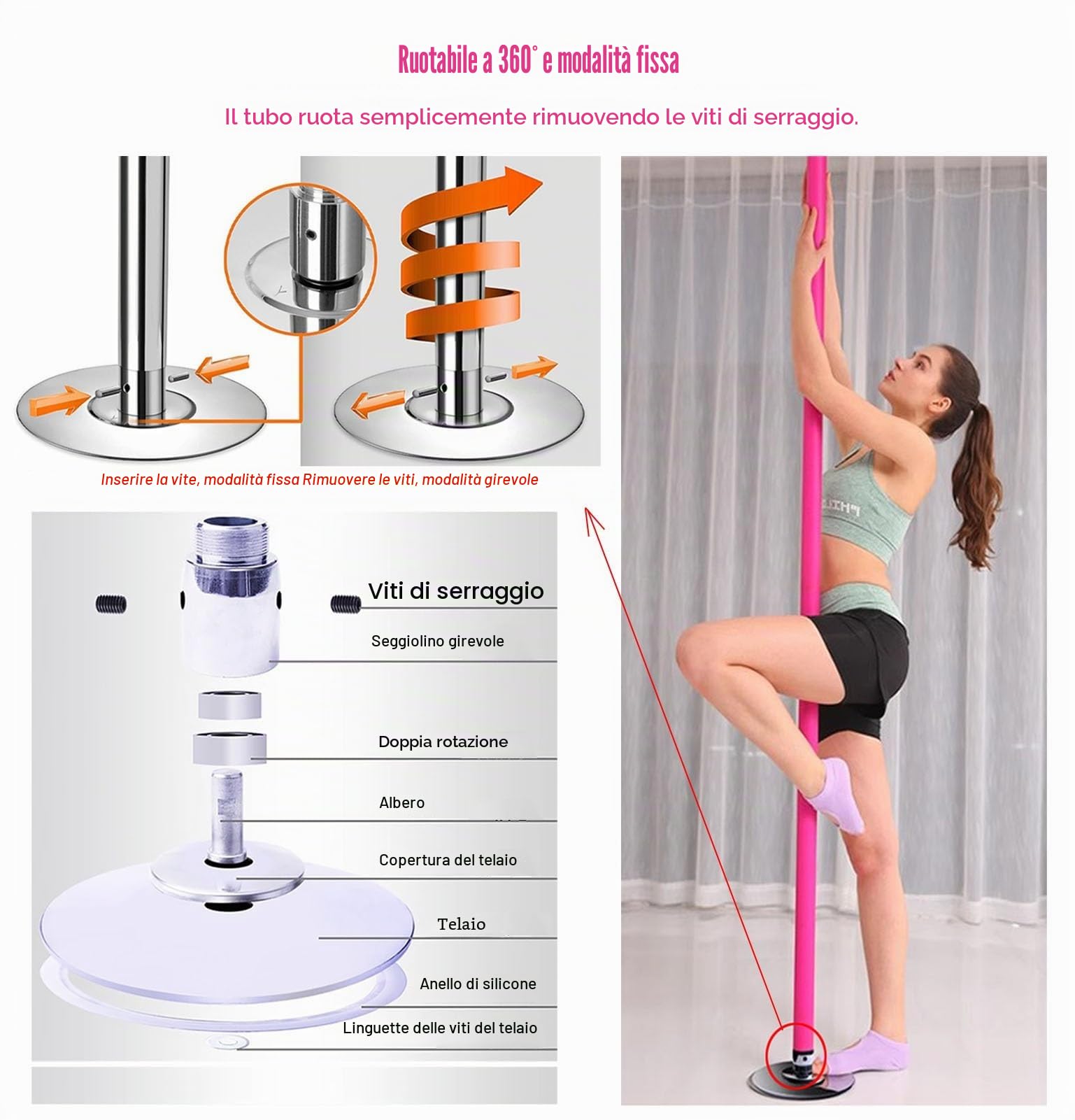 Kit per pole dance portatile per spinning e statico, in silicone, autoportante, per casa, regolabile, per fitness/esercizi, 2,3-3 m