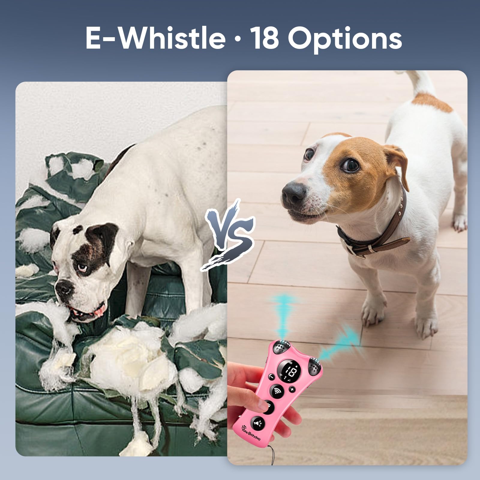 PawBehave Entrenador ultrasónico ajustable para perros, el primer corrector de comportamiento de mascotas de frecuencia variable del mundo con 10 niveles de ultrasonido, 18 silbatos para perros, luz