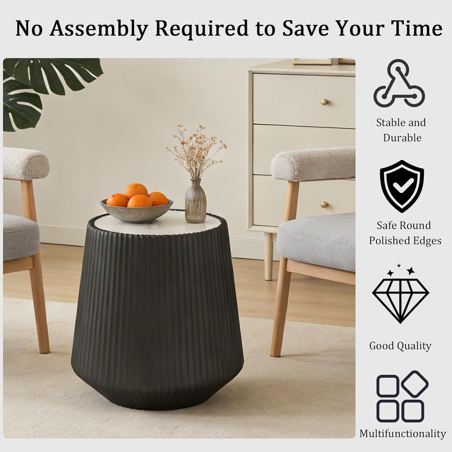 Round Living Room Table Set, 26.77" Grey Drum Center Table and 19.68" Black Coffee Table Set, 2 Pieces Coffee Table Set with Sintered Stone Tabletop, Fluted PU Leather Covered and Stable Base