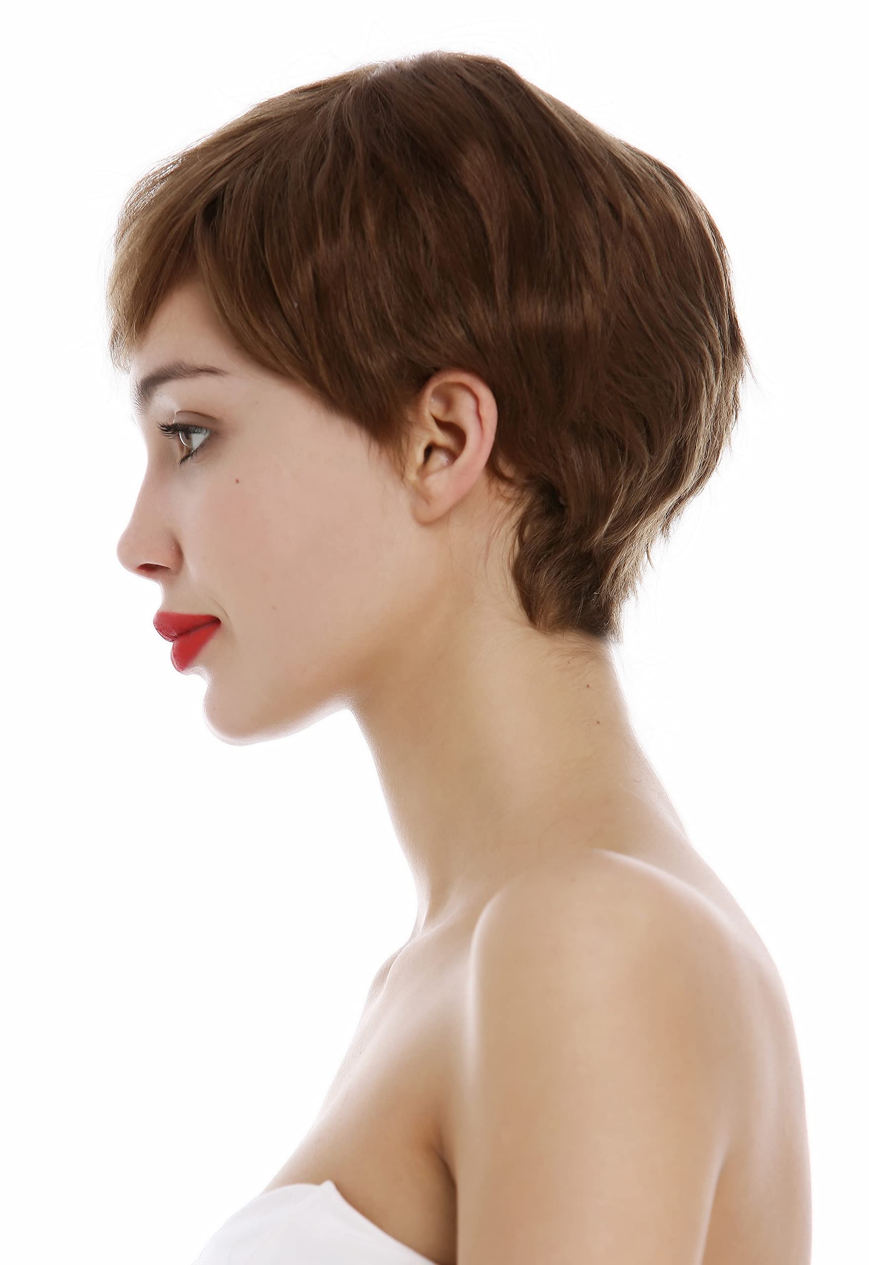 WIG ME UP-DP-HH-10 Parrucca Capelli veri Donna Uomo Corta Pixie cut Ondulata Riga Castano