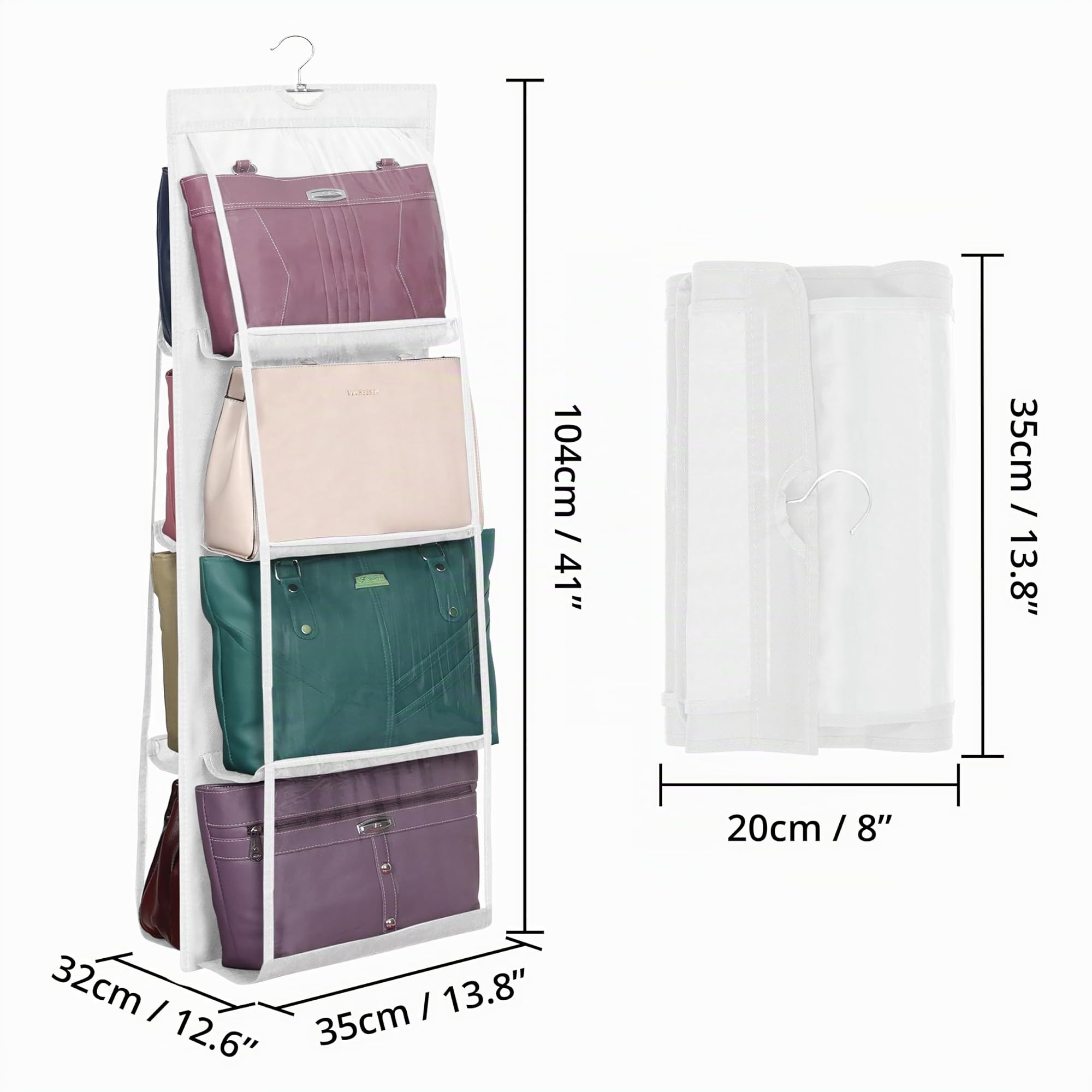 Winter Shore Organizador de Bolsos Colgantes, 8 Compartimentos (Pack de 2) | Organizador Blanco de Armarios Plegable para Bolsos de Diseño, Plástico Transparente y Gancho Galvanizado Gran Resistencia