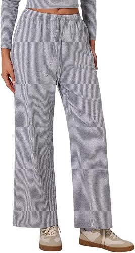 ABOCIW Striped Pants Women Cotton Wide Leg Pant Casual Drawstring Elastic Low Ri