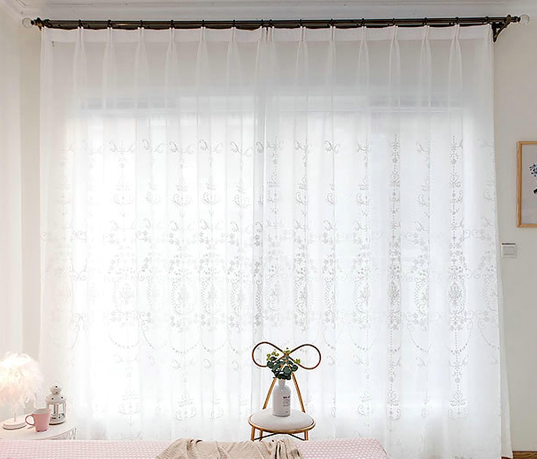Fenster Voile Vorhänge mit Ösen 183 Lang, Polyesterleinen Vorhänge Blumen Bestickt 2 Stück Weiß für Schlafzimmer, H183 x B102 cm