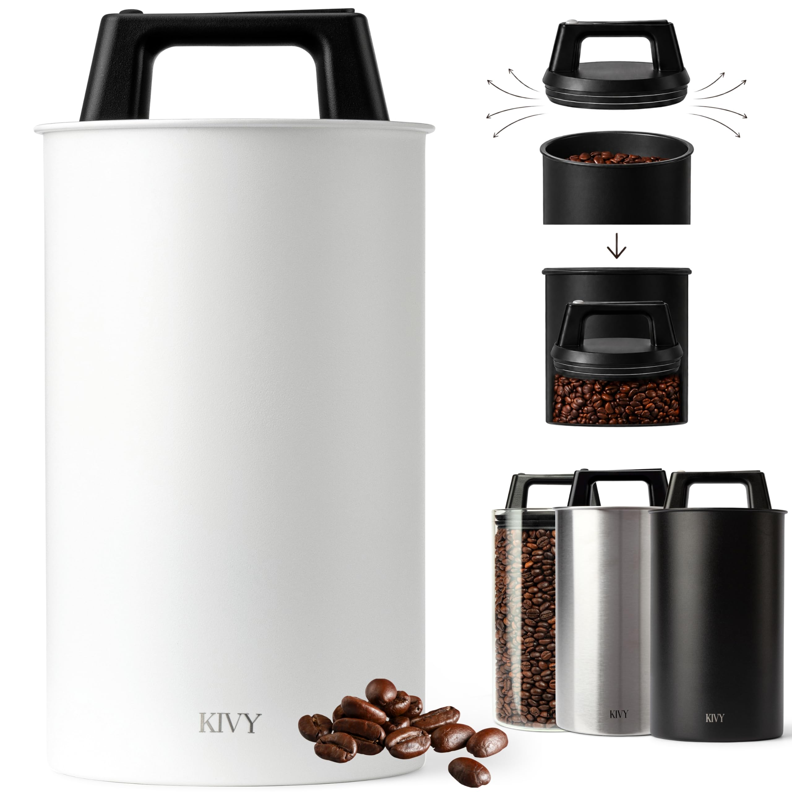 KIVY Vacuum Coffee Canister - Push Lid Preserves Coffee Aroma &amp; Oil