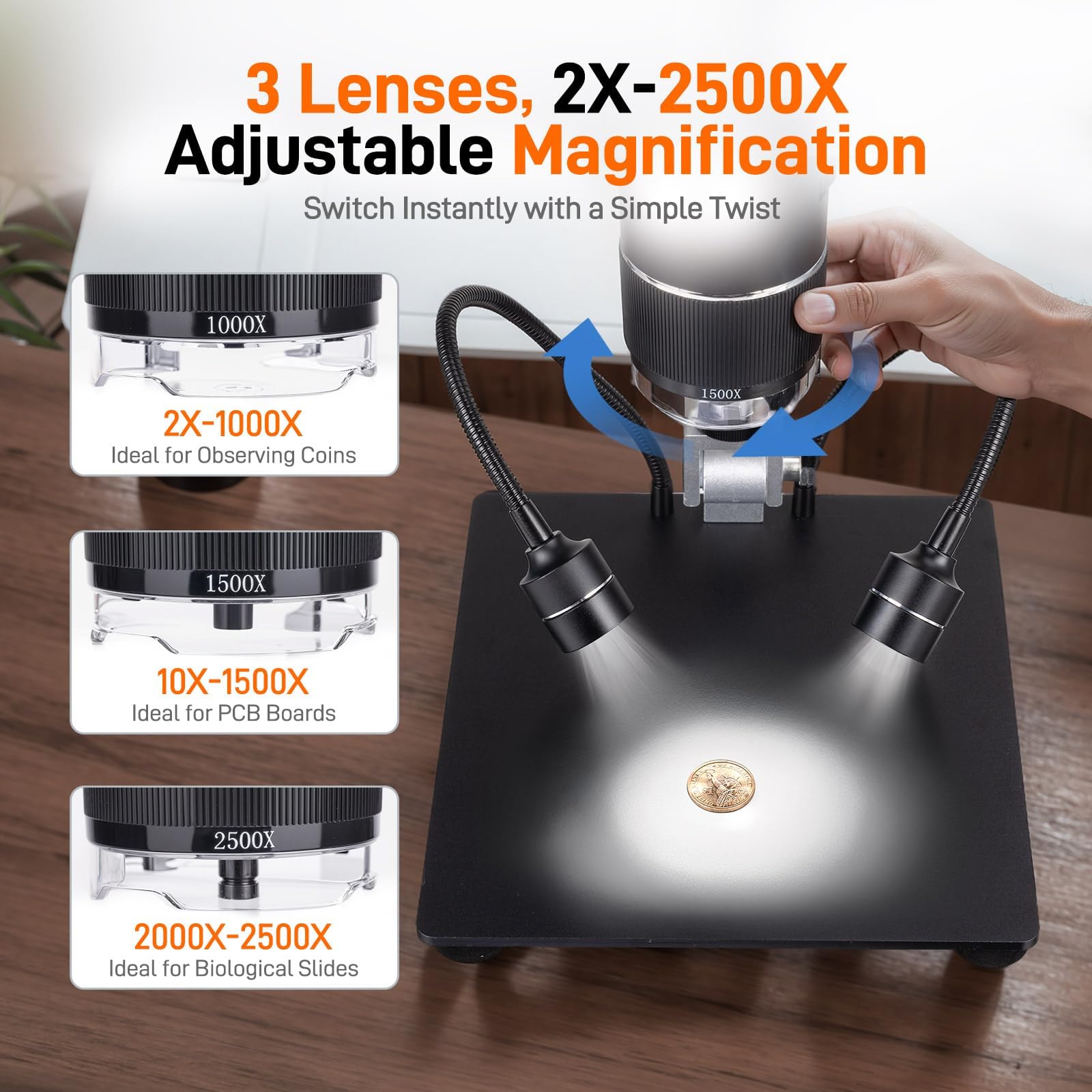 Microscopio digitale 2500X con 3 lenti 2K HDMI da 10,1 pollici | Saldatura schermo IPS e microscopio a moneta con 12 luci LED | Uscita PC/TV e spazio di archiviazione da 64 GB per elettronica e uso