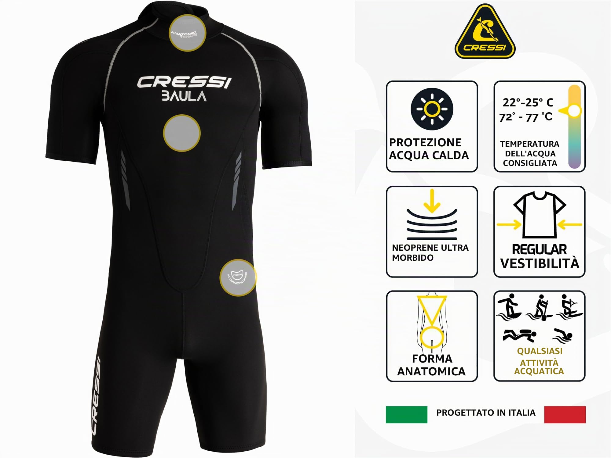 CRESSI Baula Shorty Wetsuit 2,5mm - Muta Shorty in Neoprene Bifoderato 2.5 mm High Stretch, Ideale per Immersioni e Snorkeling in Acque Temperate
