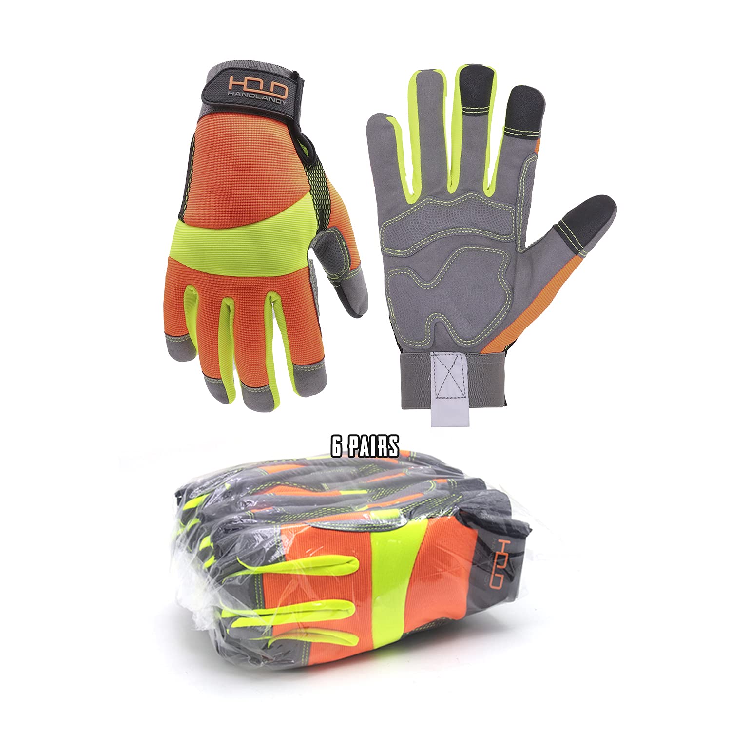 Guantes antivibración, guantes reflectantes de alta visión, pantalla táctil, flexible con parte trasera de elastano y antivibrantes, (XXL, naranja (6 pares))
