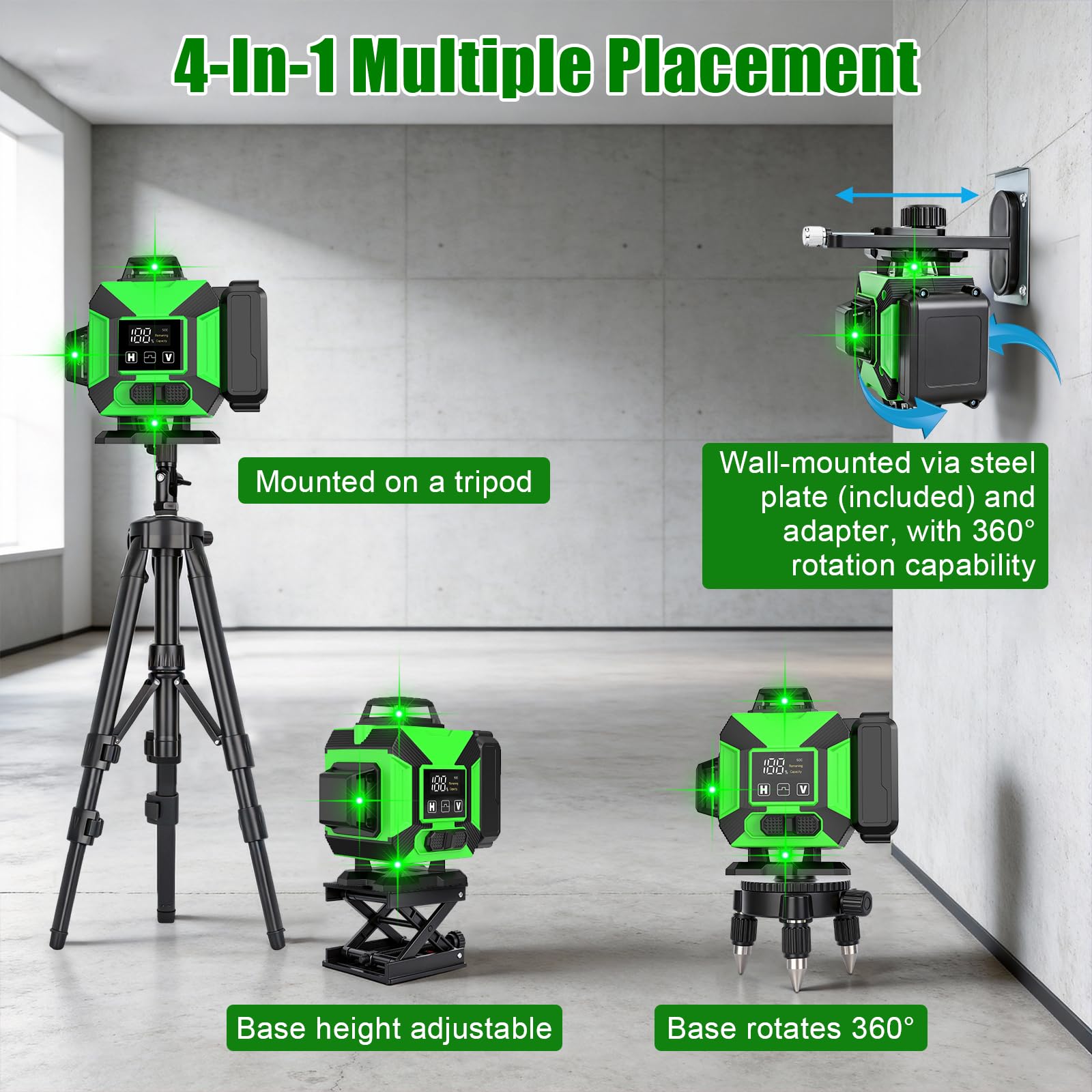 Livella Laser Autolivellante con Treppiede, 4 x 360° Laser a Linee Incrociate, Livella Laser Verde Regolabile Luminosità, Dispositivo di Livellamento con 2 x 3600 mAh Batteria per cantieri Interni DIY