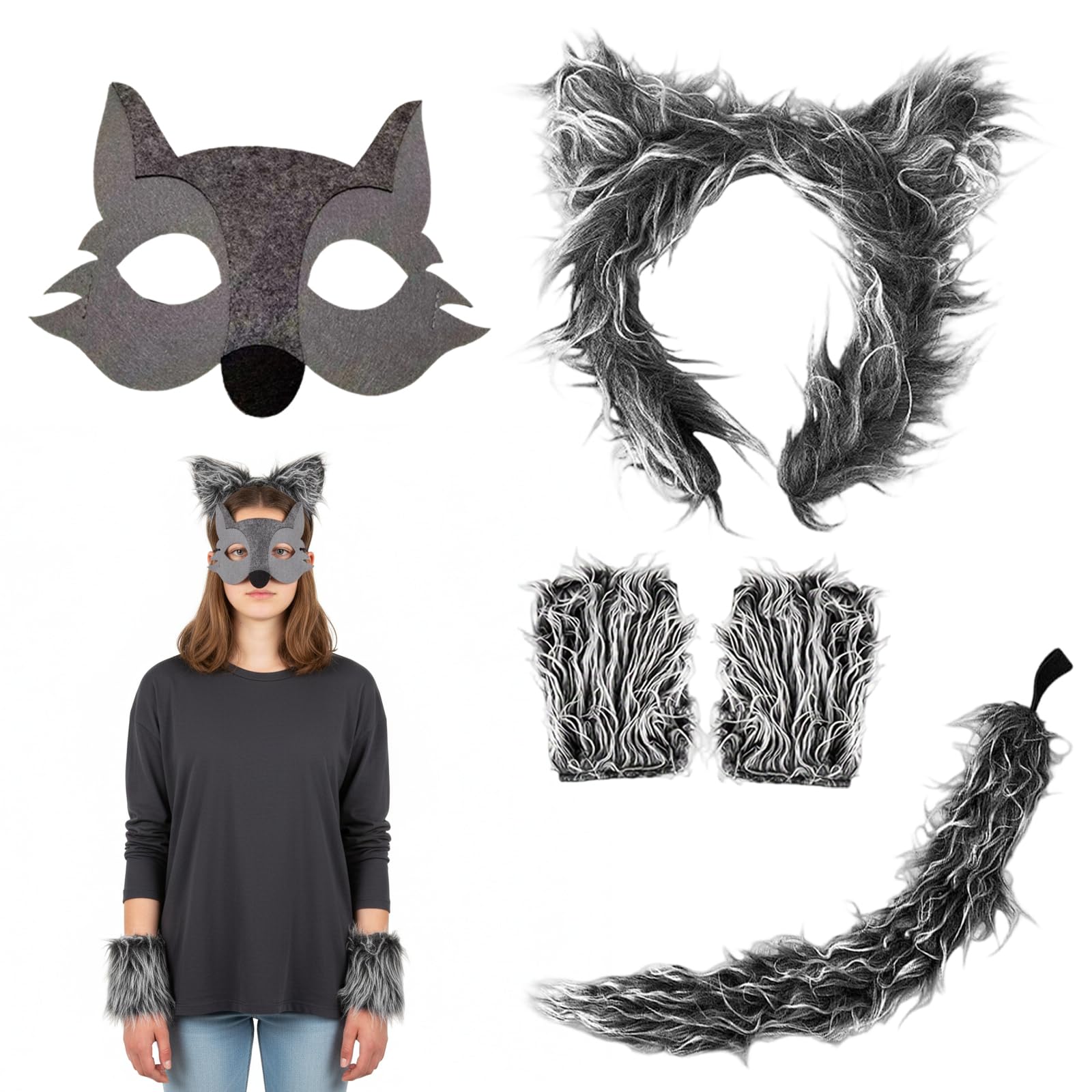 WNXBFO Wolf Costume, Complete Werewolf Costume Set with Mask and Ears, Furry Costume for Halloween Parties and Cosplay Events, 5-Piece Wolf Costume Accessories