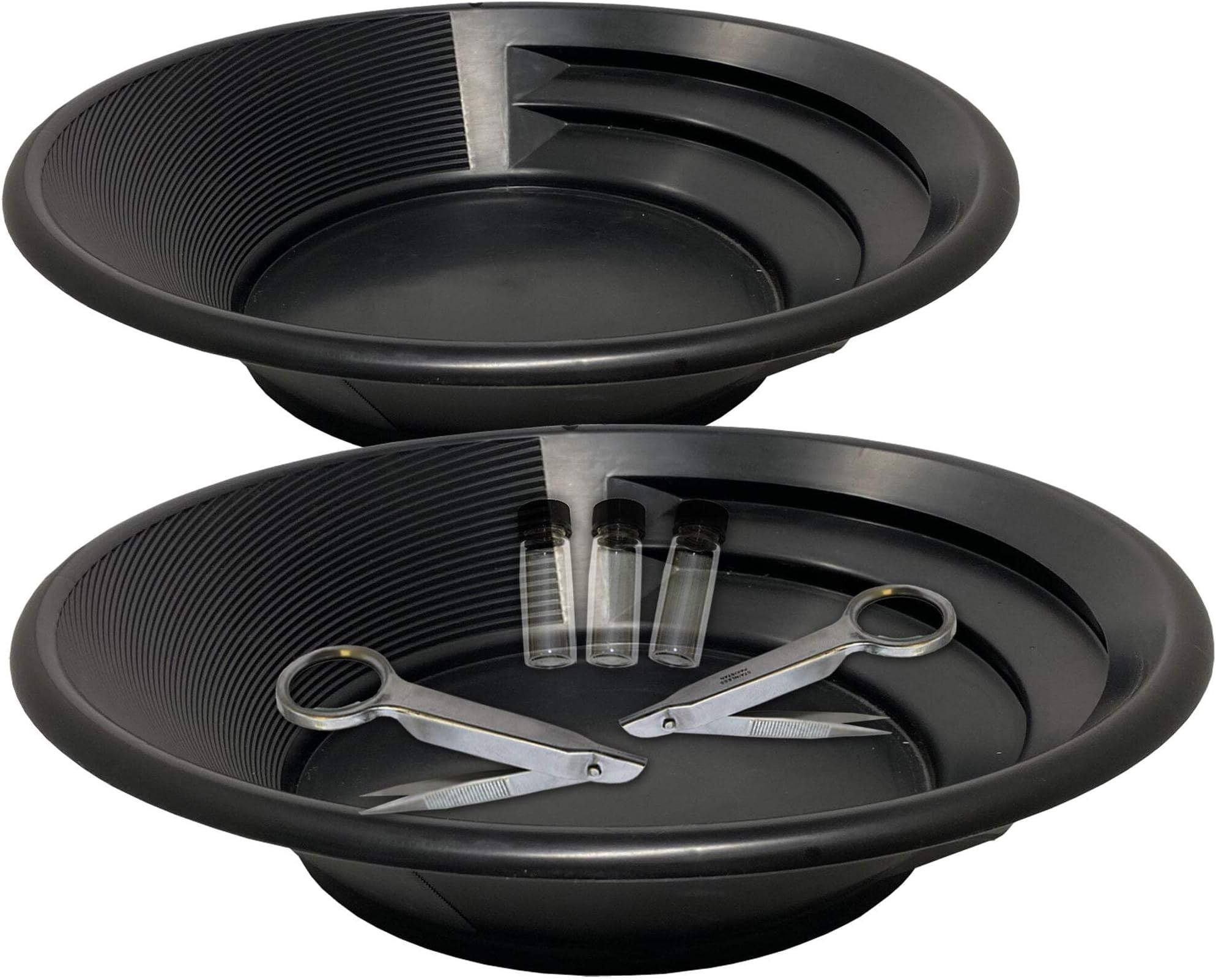 Sluice Fox Two Gold panning Kits; Black Pans with Trap and Dual riffles, Stainless Steel Magnifying Tweezers, and Three Glass Storage vials