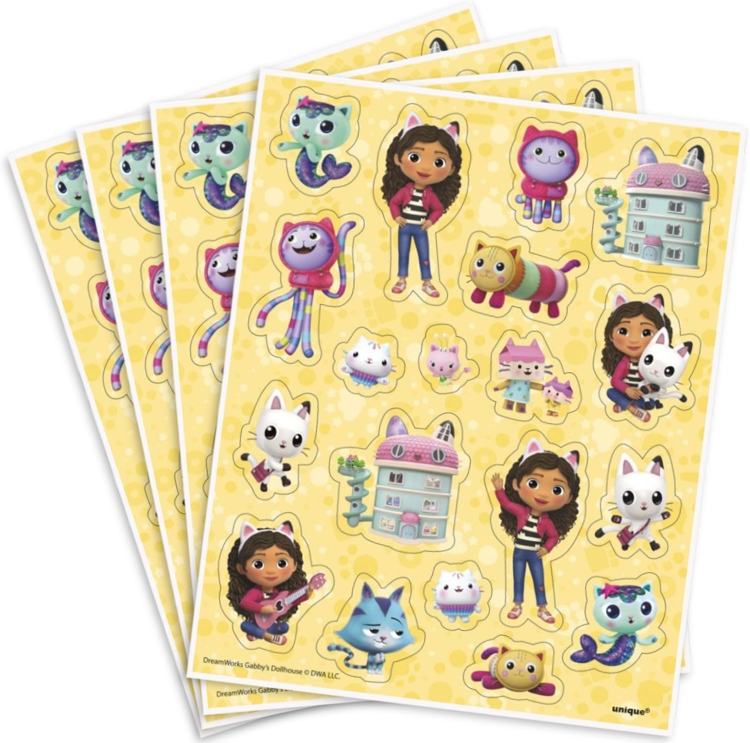 Unique Yellow Paper Gabby Dollhouse Stickers Sheet Favors, (Pack of 4) Assorted Perfect Sticker Sheet for Gabby's Dollhouse Themed Party Handouts, Kids' Party Decor & Creative Fun