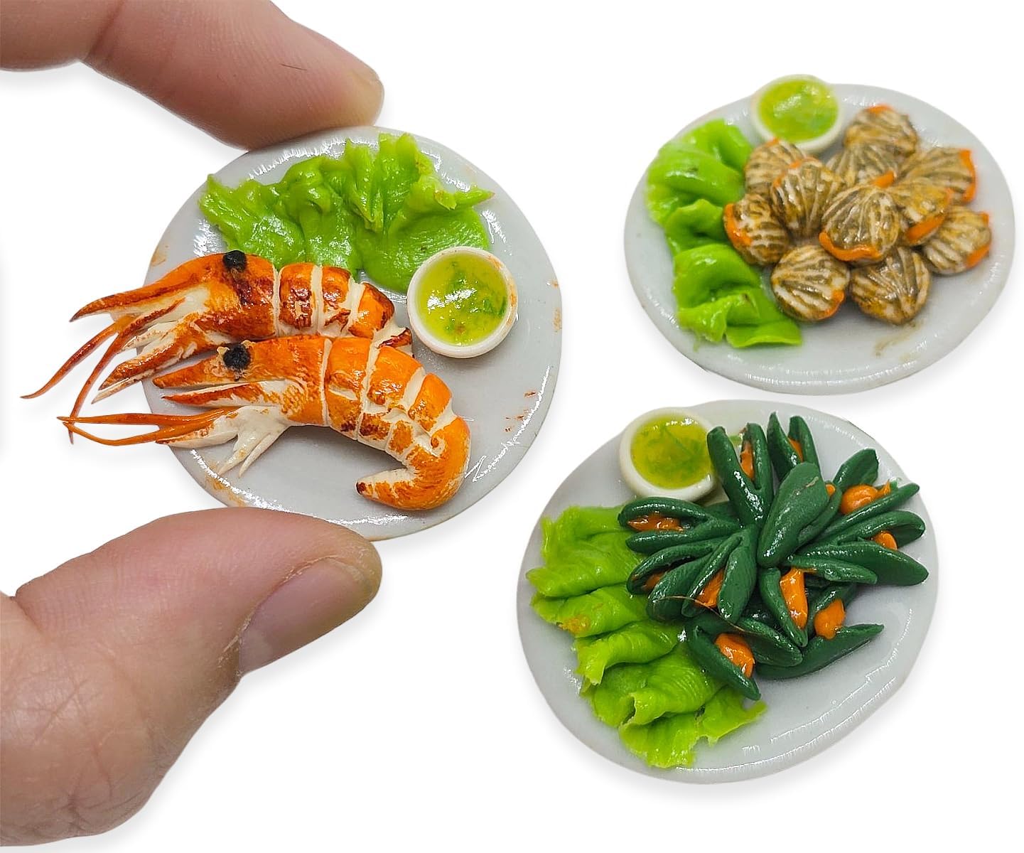 WitnyStore Tiny 1⅜" Seafood Mussels Scallops Prawns 3 Pieces Set Realistic Mini Foods Miniature Hand Made Polymer Clay Food Meal Model Replica Dishes Decorative Collectible Figurine Décor Art Gifts image 2