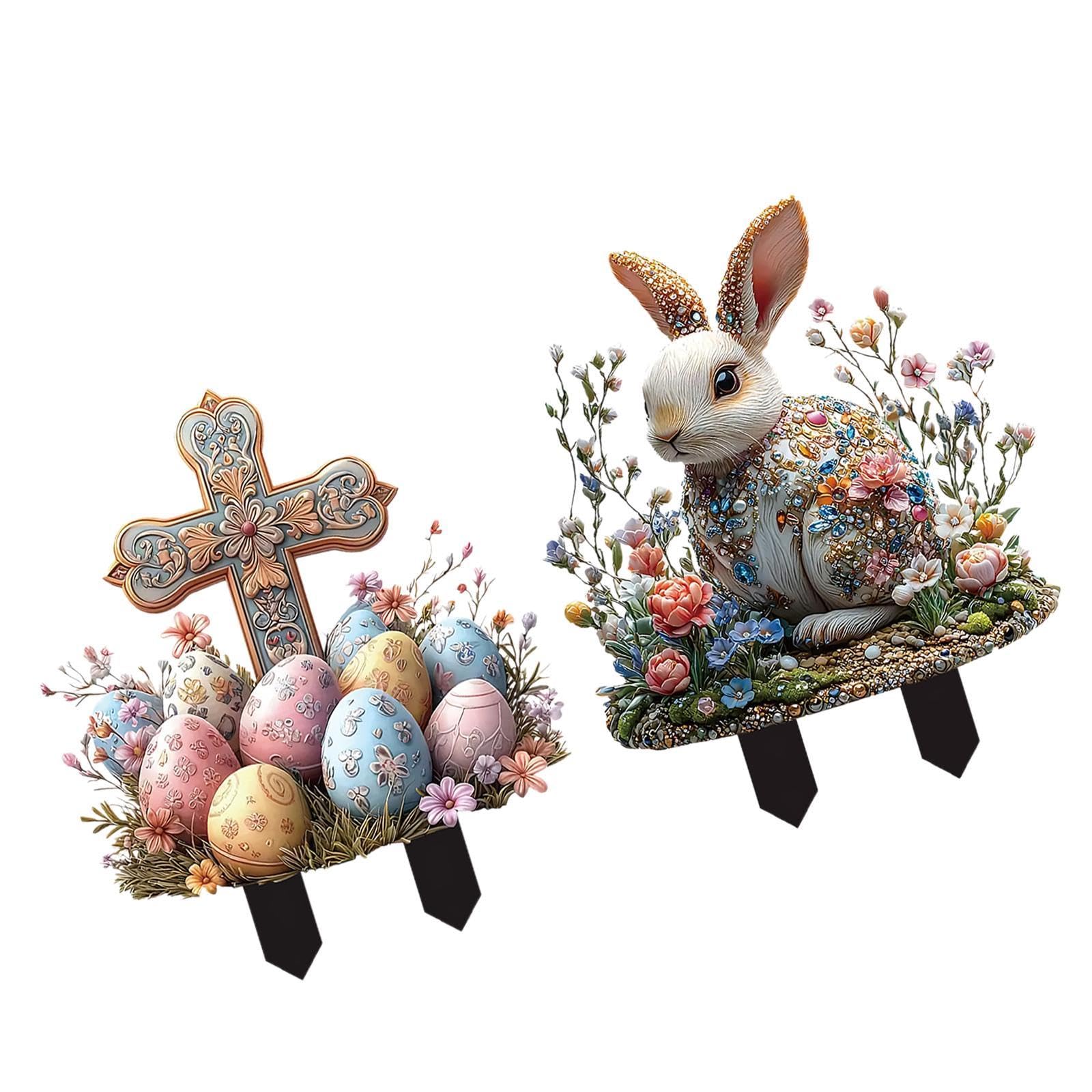 ATORSE Easter Yard Sign Waterproof Acrylic Garden Stake for Flowerbeds Path Walkway 1x Cross 1x Rabbit-picture-31