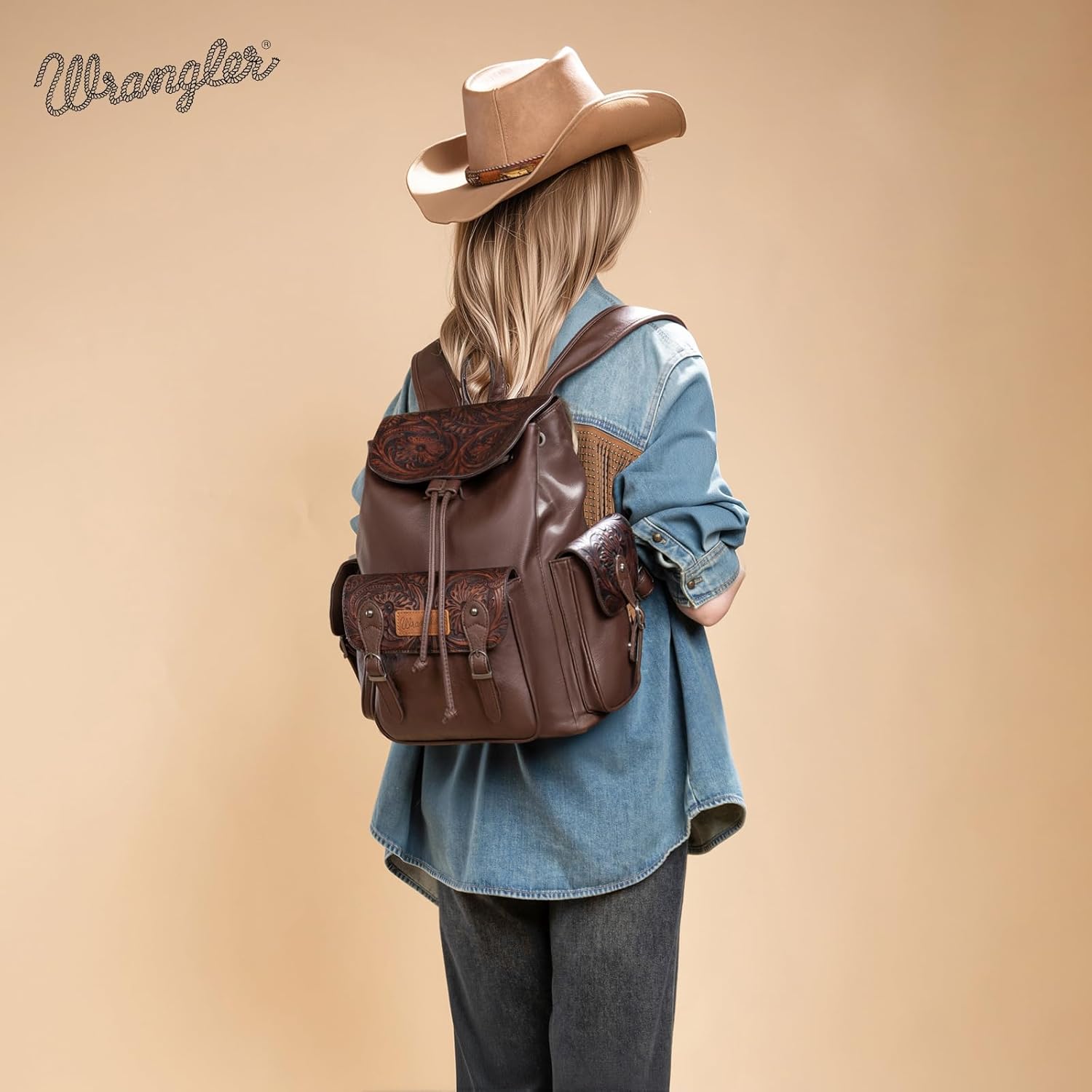 Montana West Wrangler Backpack Purse for Women Men Western Backpack Floral Tooled Travel Bags - Image 2