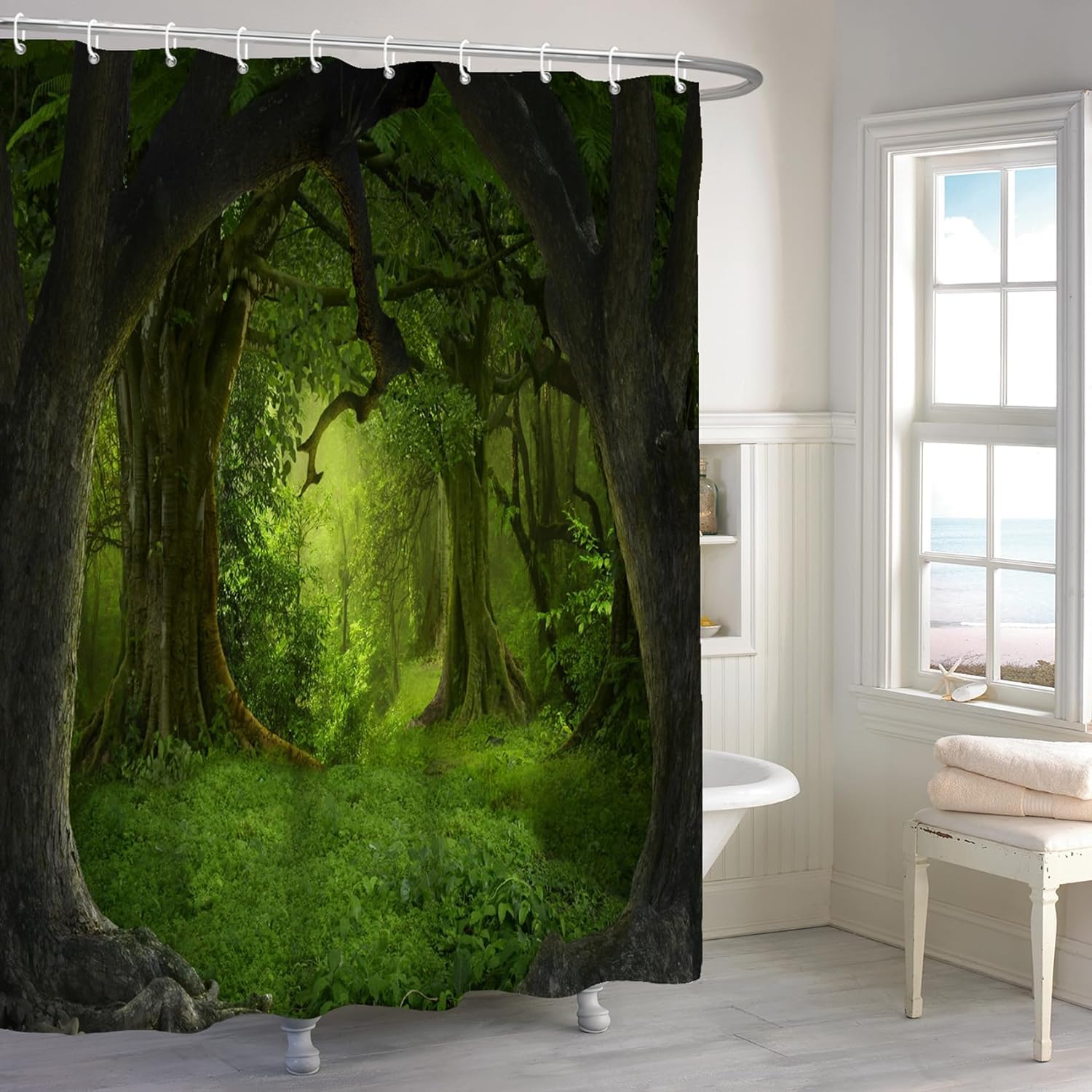 Renaiss 72x96 Inches Green Enchanted Forest Shower Curtain Tropical Old Tree Deep Jungle Rainforest Fantasy Nature Landscape Aesthetic Shower Curtains