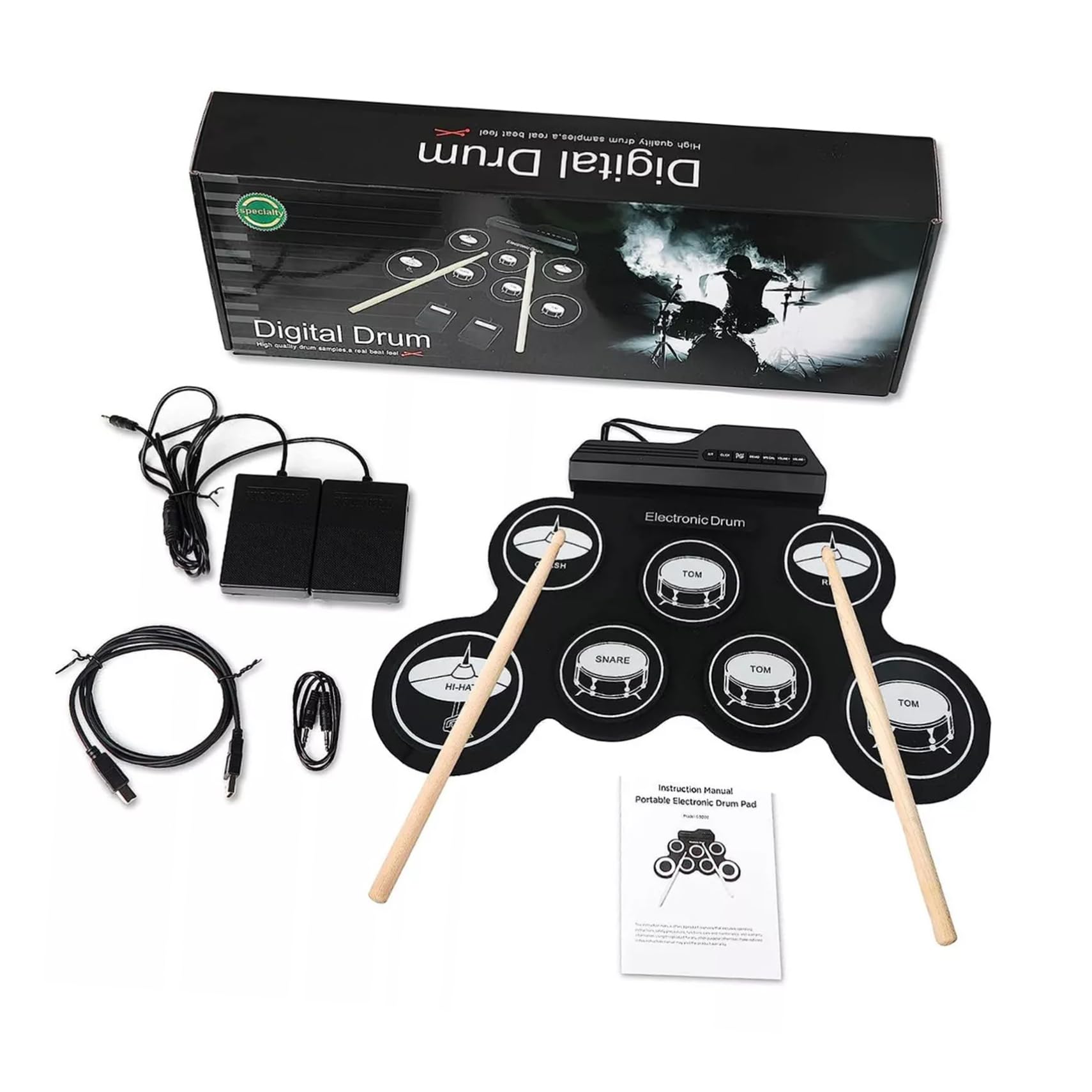 Batteria Elettronica Portatile Kit Digitale USB Pad in Silicone e Abs, Jack per Cuffie per Principianti la Pratica Musicale Ovunque