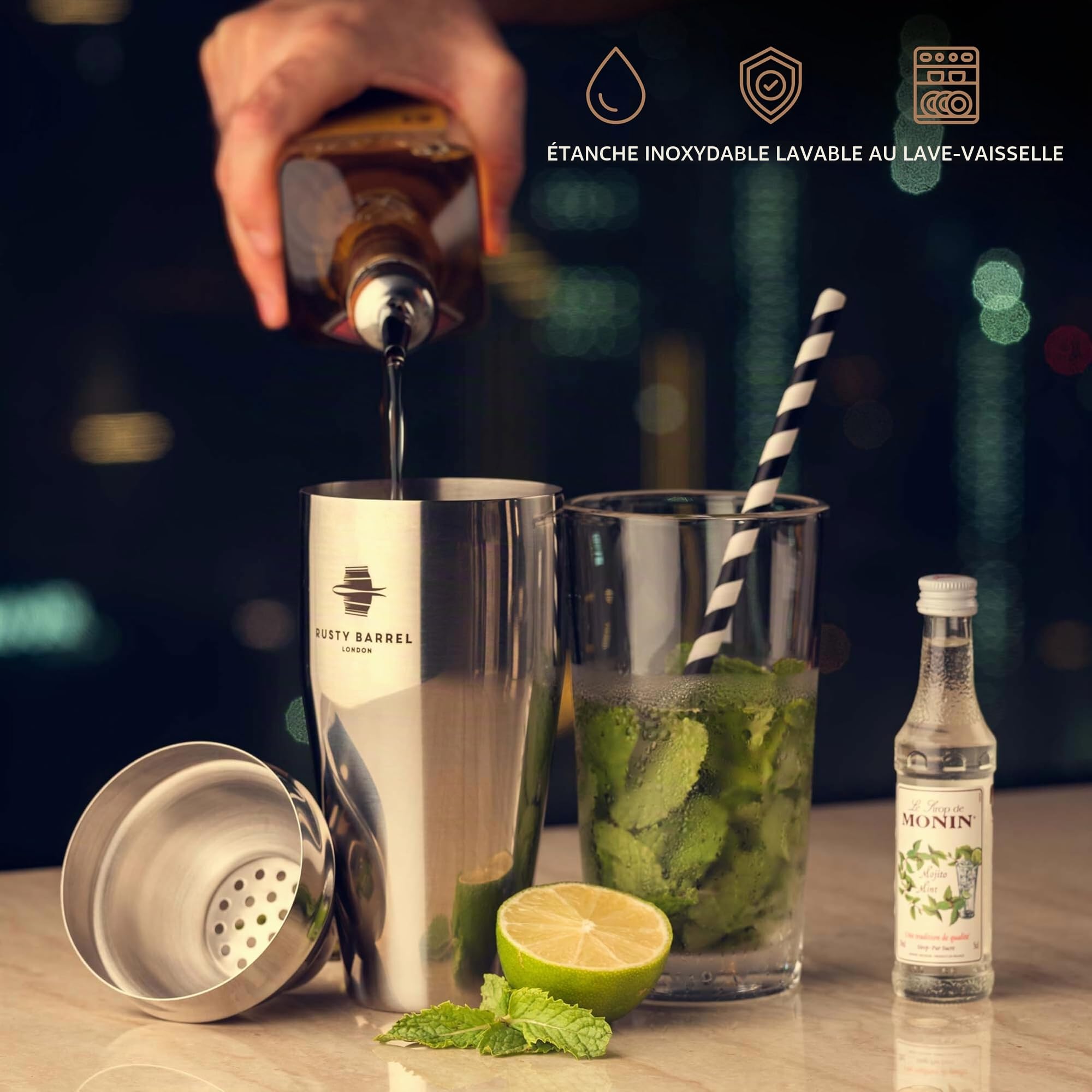 Coffret à Cocktail Mayfair — Kit Cocktail avec Shaker Cocktail en INOX de Style Manhattan | Cocktail Shaker Kit, Kit Barman, Cocktail Kit Complet | dans Une Boîte Cadeau Luxueuse