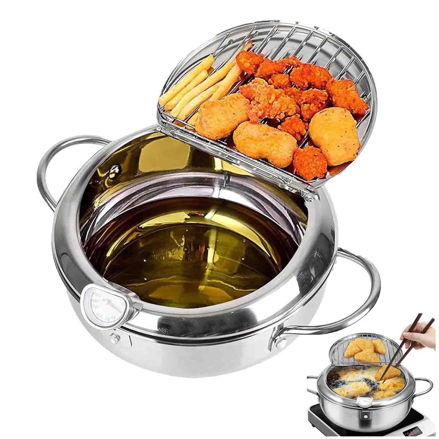 Friteuse japonaise en acier inoxydable 24cm avec thermomètre pour friture précise