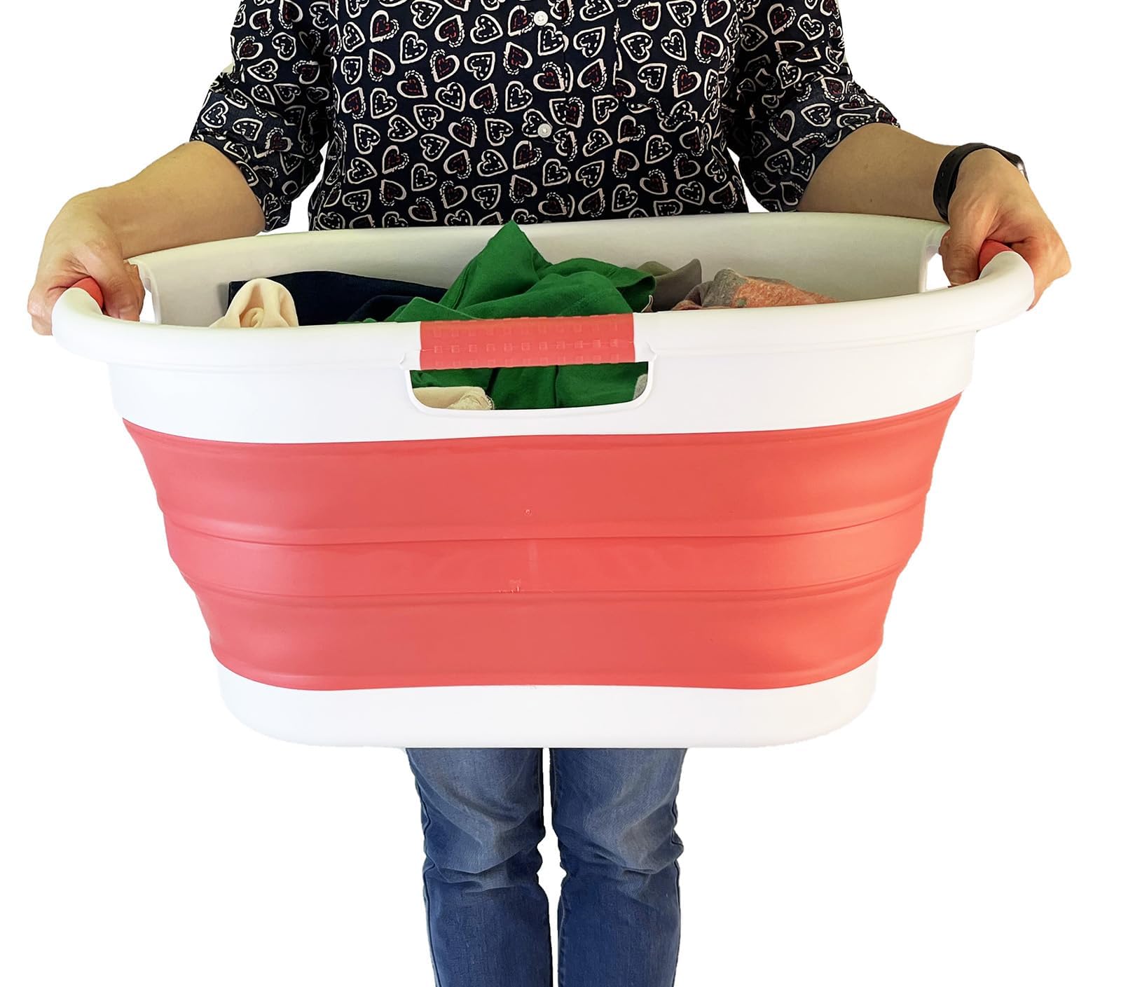 SAMMART Cesto portabiancheria pieghevole in plastica, 40 l, contenitore pieghevole, vasca portatile salvaspazio (1, bianco/rosa corallo)