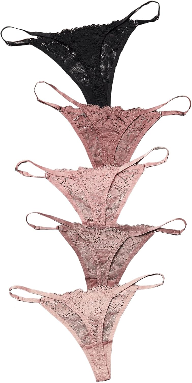 SweatyRocks Women's 5pack Floral Lace Adjustable Low Rise Comfy Underwear Thongs Panty Sets - Image 3