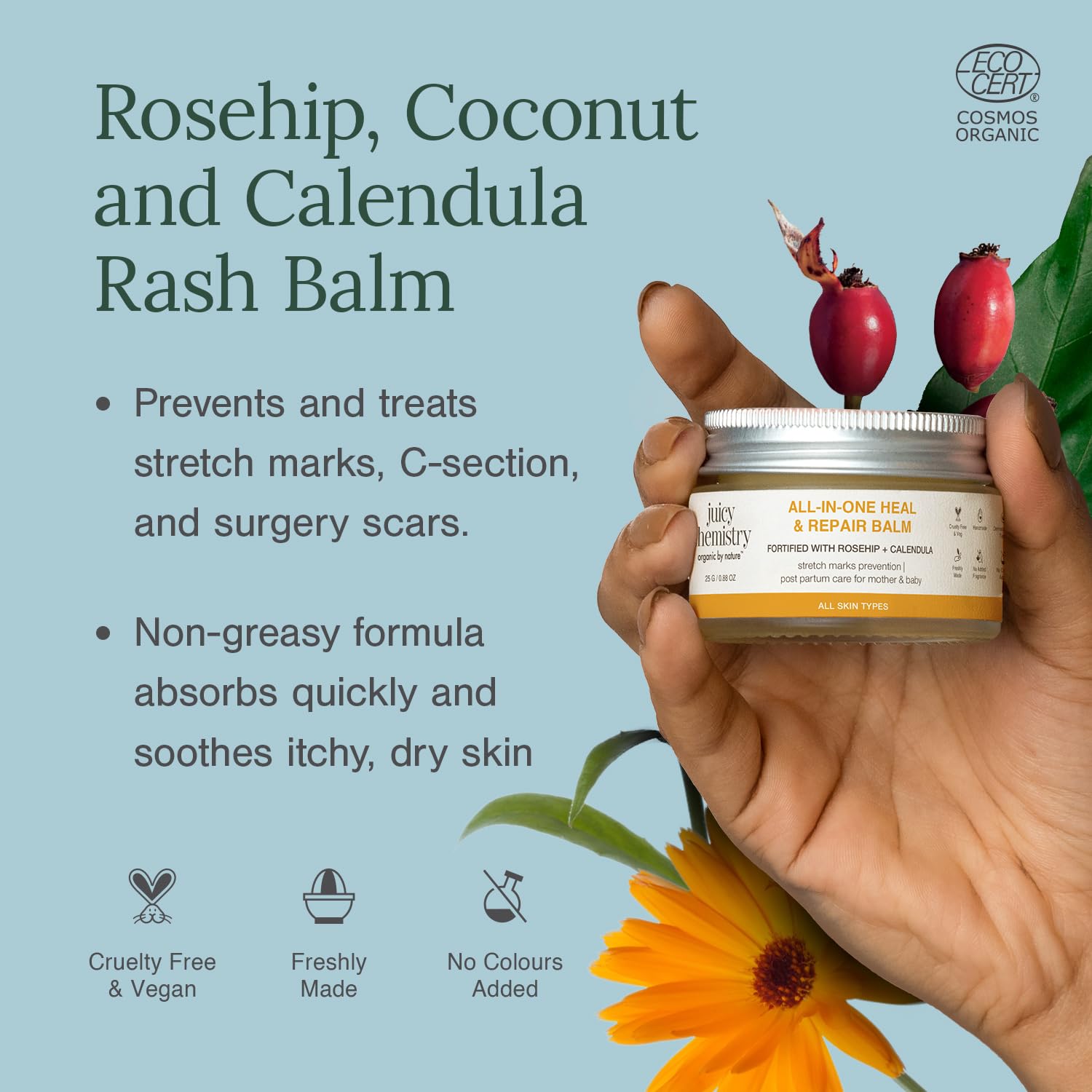 Juicy Chemistry Rosehip, Coconut & Calendula Organic Diaper Rash Balm For Soothing Baby Skin Irritation, 25 Gm