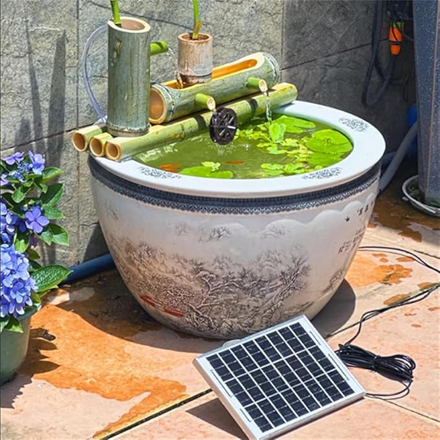 Solar-Wasserbrunnen-Set – Handgefertigter Bambusbrunnen Mit Drehrad, Ideal Für Garten, Terrasse, Teich, Vogeltränke, Balkon Und Aquarium, Grün, 25 cm (9,8 Zoll)