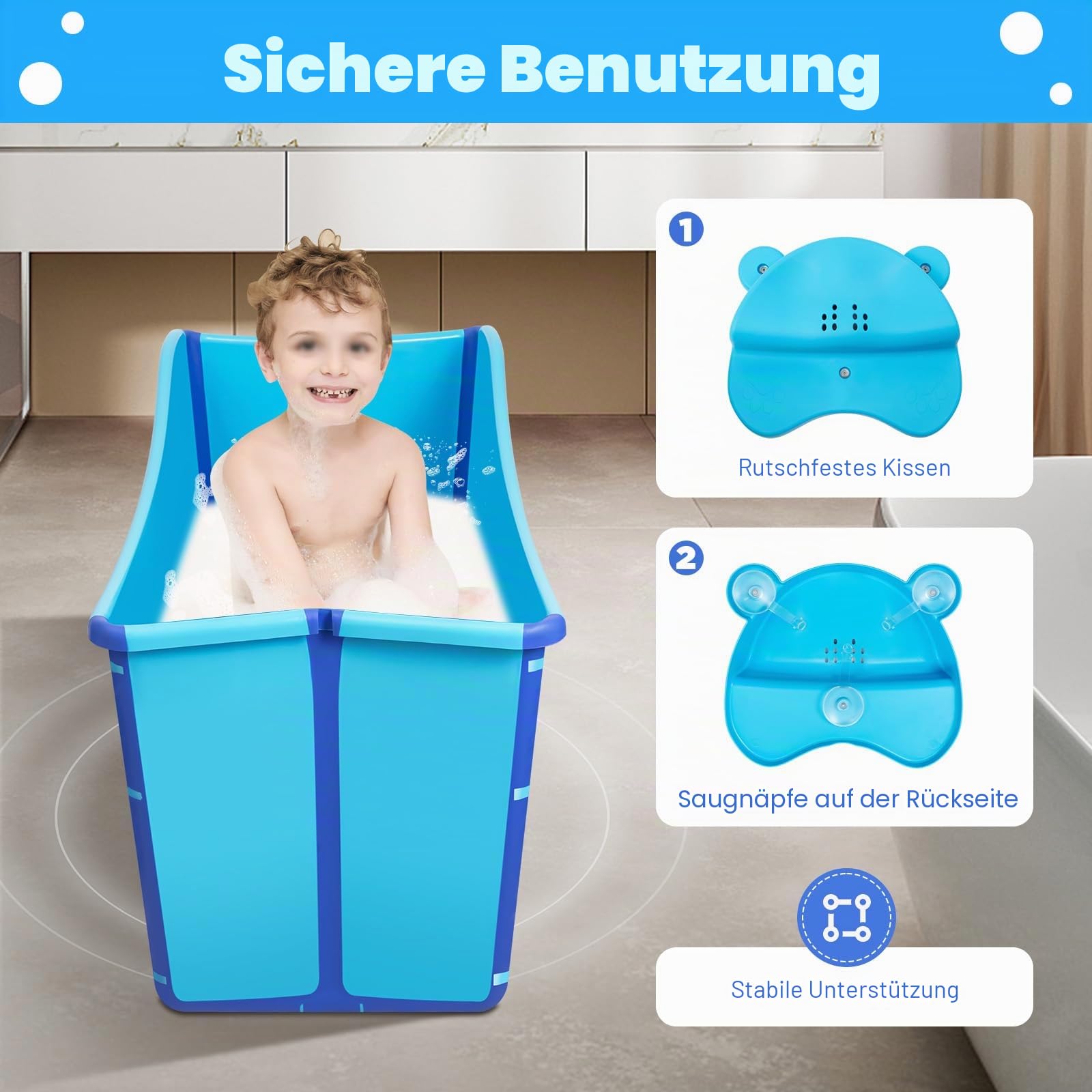 Faltbare Badewanne, Freistehend Badewanne für Baby Erwachsene, Spa-Badewanne Erwachsene Bad Wanne, Klappbadewanne für Dusche, Kleines Badezimmer, 87x46x56.5cm, Blau