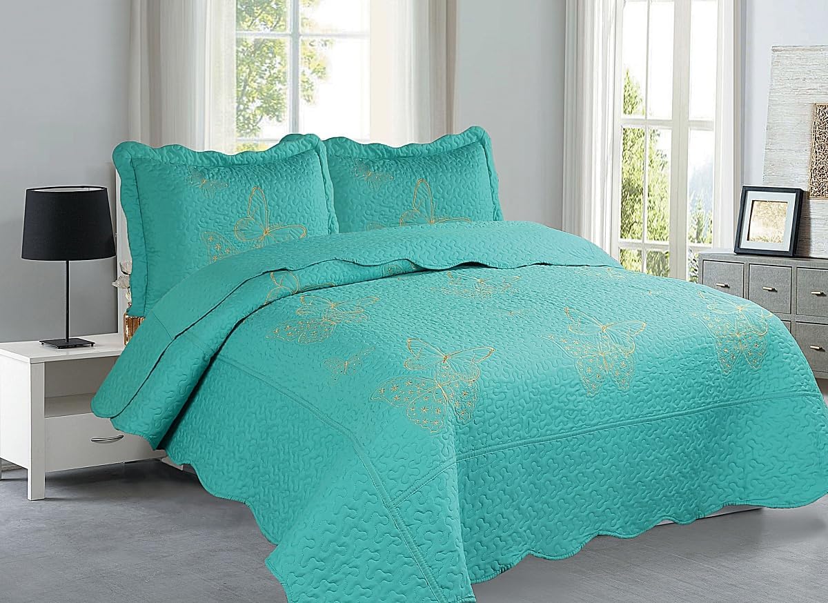 Gorgeous Home Linen Nena Butterfly Embroidery Quilt Set, Heavyweight, Reversible Bedspread, Hypoallergenic (Turquoise, King) | Breathable material, Reversible