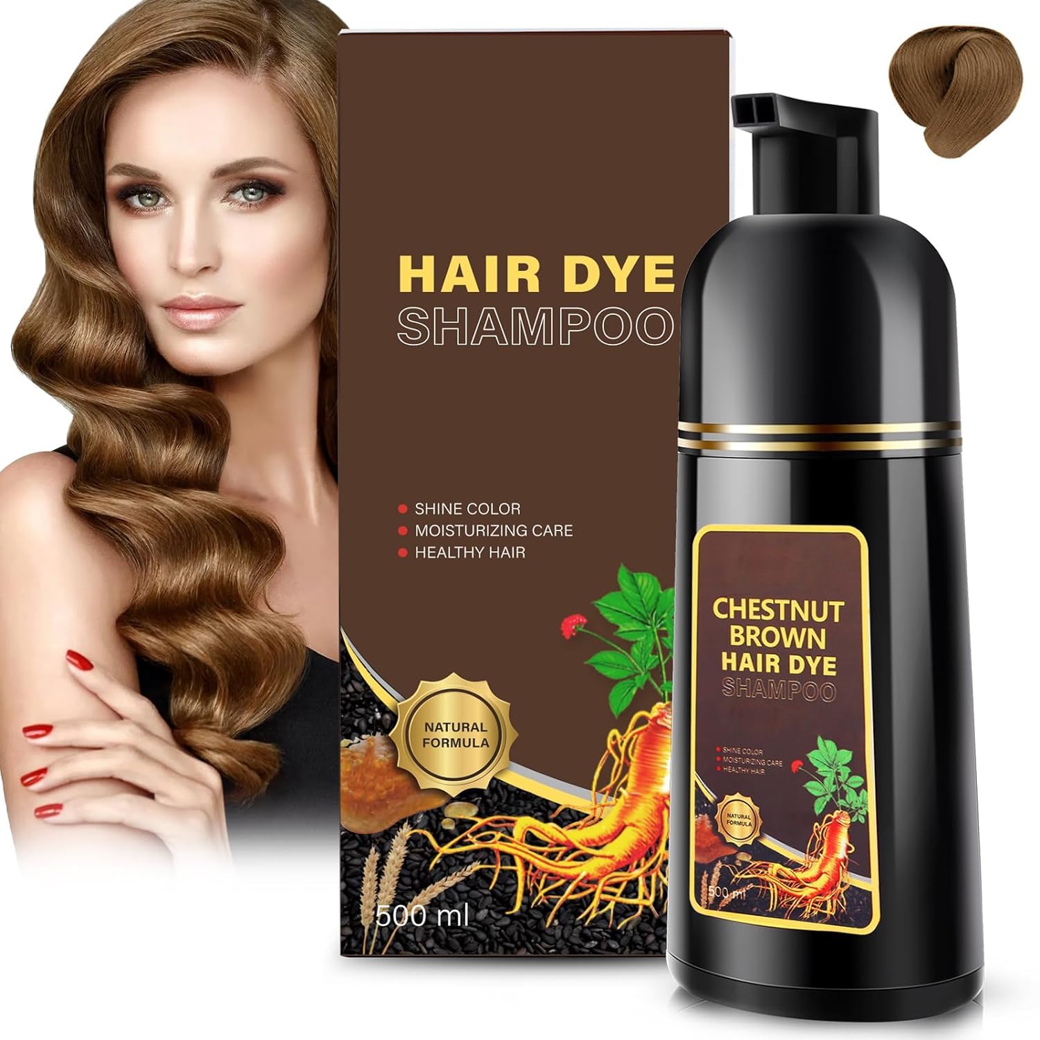 Hair Dye Shampoo 3 in 1 for Gray Hair, Grey Coverage in Minutes, Instant Herbal Ingredients Hair Dye Shampoo for Women Men, 500ml (brown)